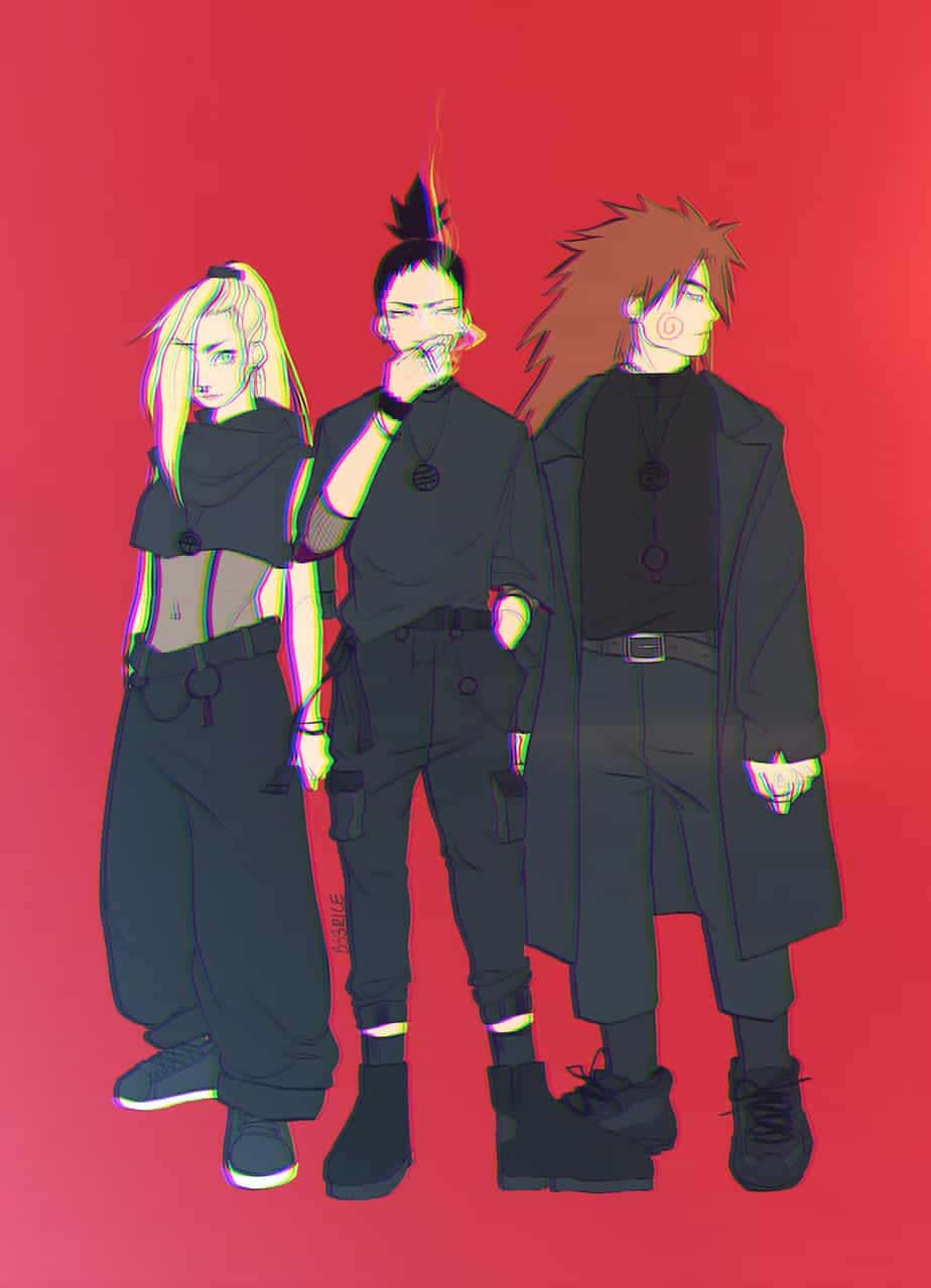 Ino Shika Cho, black outfits, vibrant red background, SD Phone Wallpaper