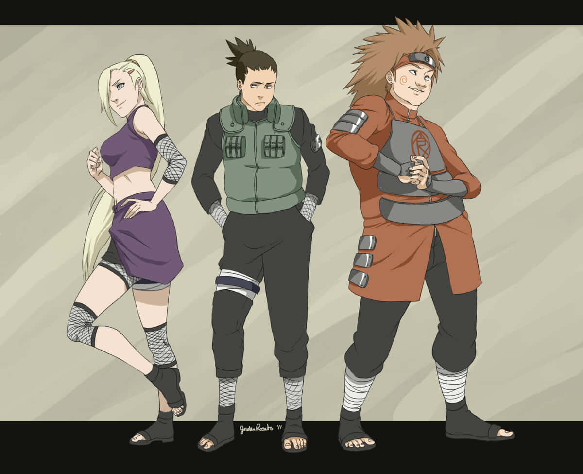 Ino Shika Cho, anime ninja characters, striped beige background, SD Desktop Wallpaper