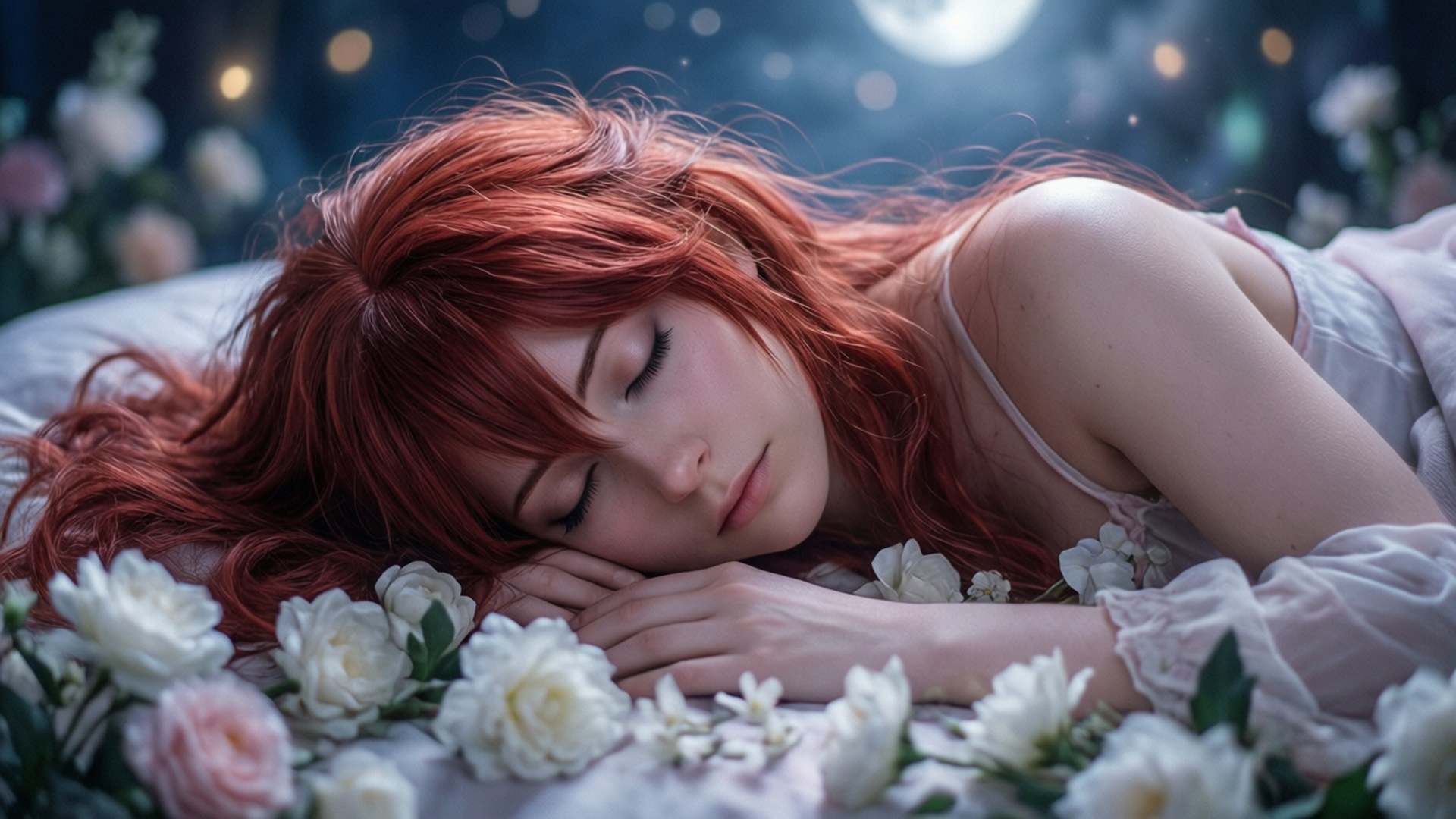 Inori Yuzuriha, moonlight, bed of flowers, Full HD Desktop Wallpaper