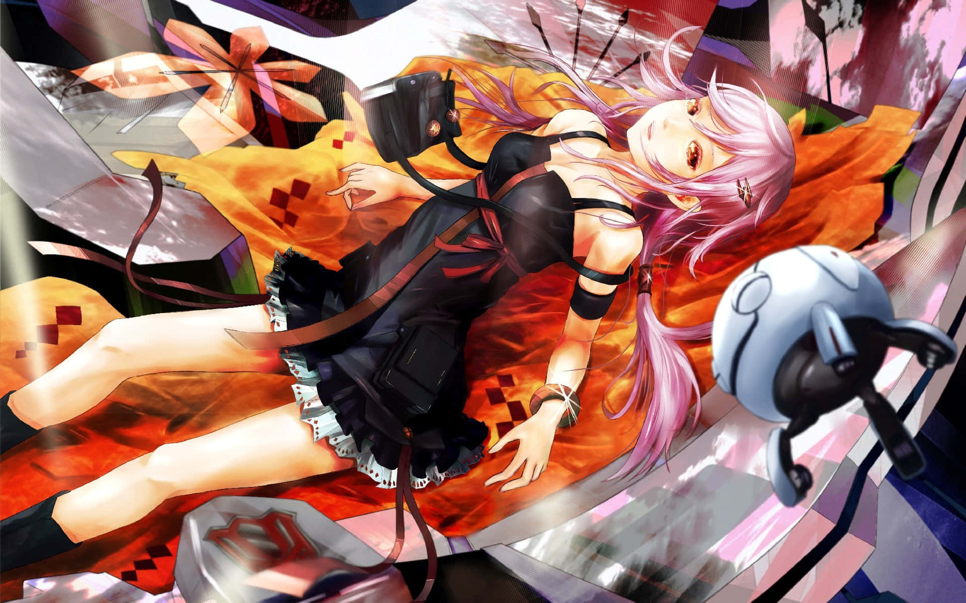 Inori Yuzuriha, pink-haired anime girl, black outfit, Full HD Desktop Wallpaper