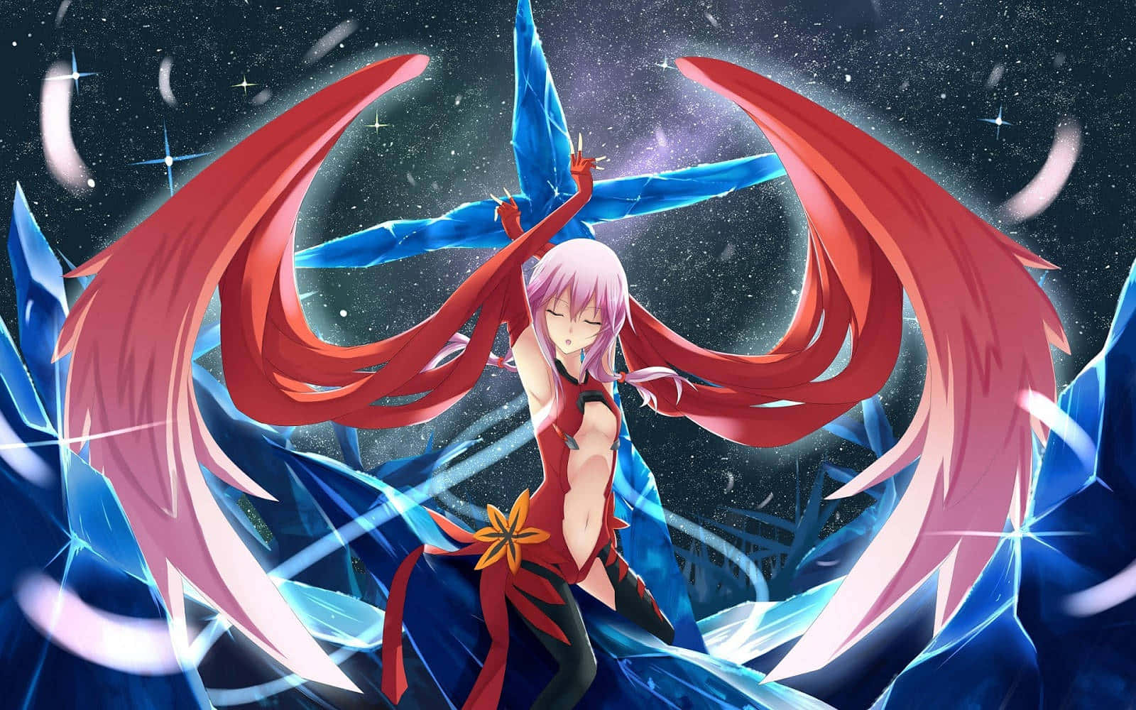 Inori Yuzuriha, pink dress, cityscape background, HD Desktop Wallpaper
