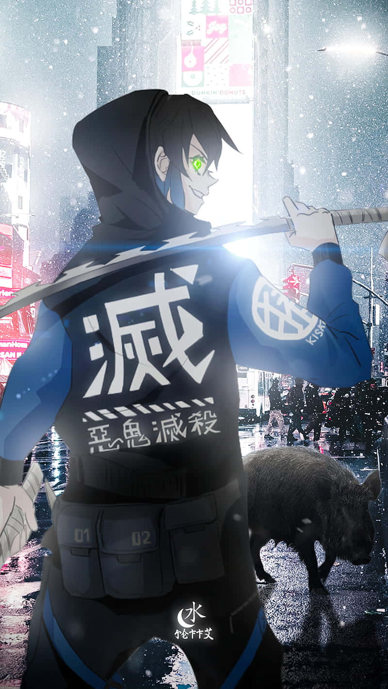 Inosuke, urban warrior, snowy neon-lit city street, HD Phone Wallpaper