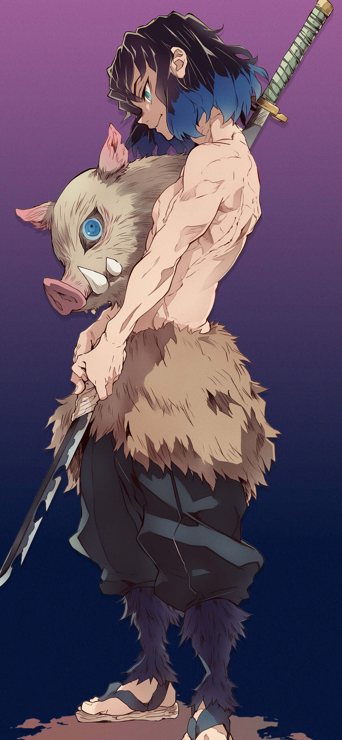 Inosuke, boar head, blue hair, 2K Phone Wallpaper