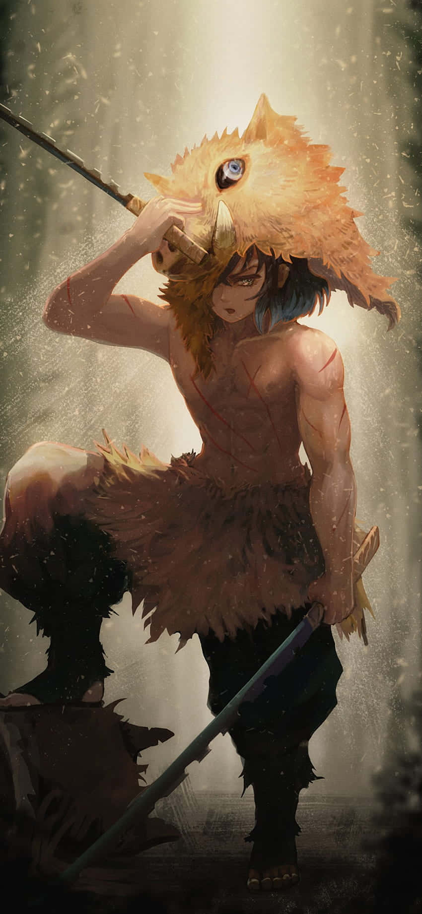 Inosuke, fox-like mask, blue hair, HD Phone Wallpaper