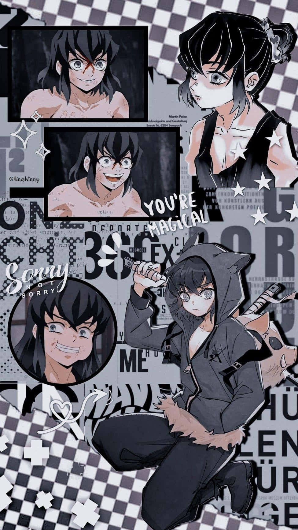 Inosuke Aesthetic, black and white checkered background, star accents, HD Phone Wallpaper