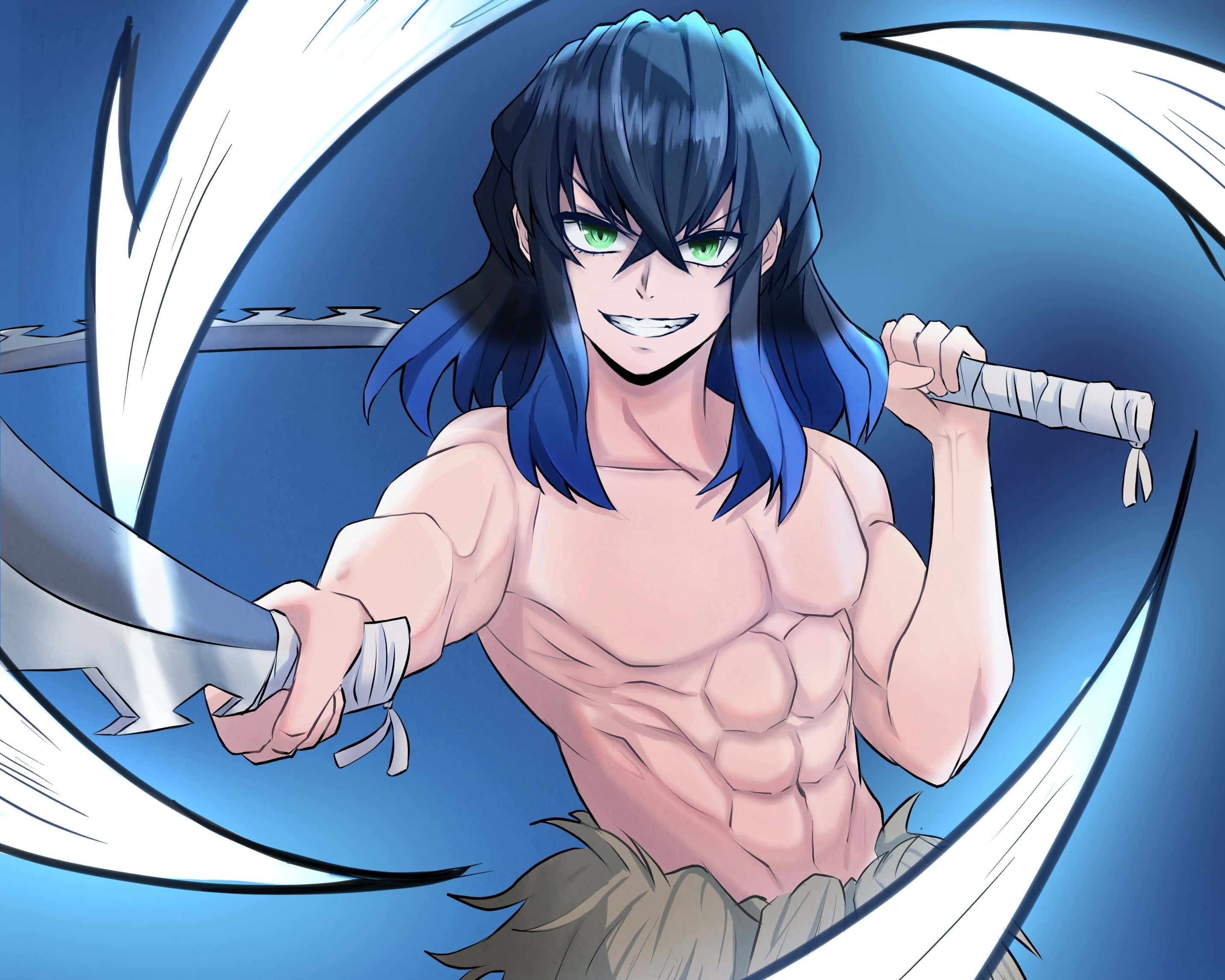 Inosuke, blue hair, green eyes, 2K Desktop Wallpaper