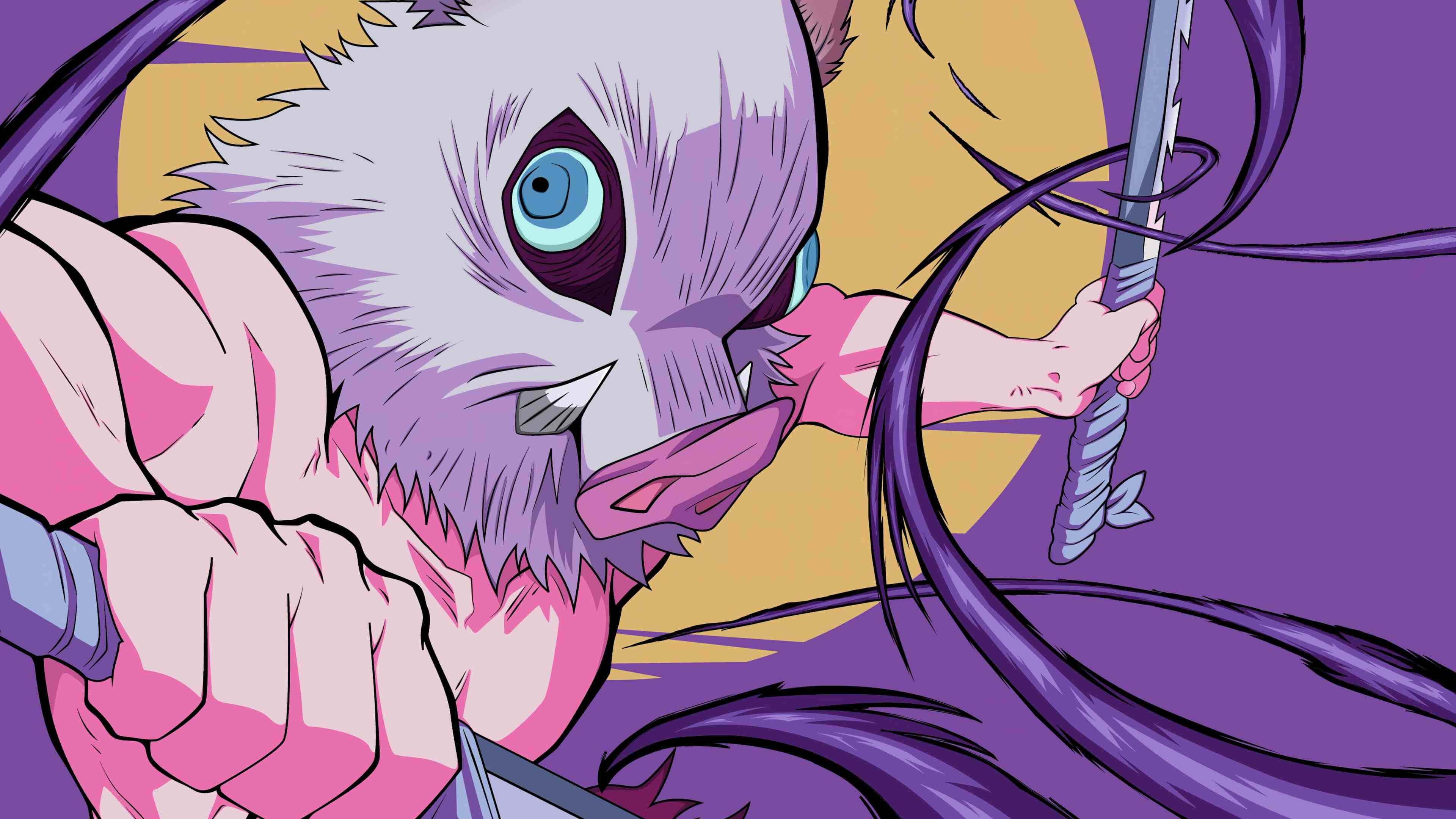 Inosuke, purple-furred, blue eyes, 4K Desktop Wallpaper