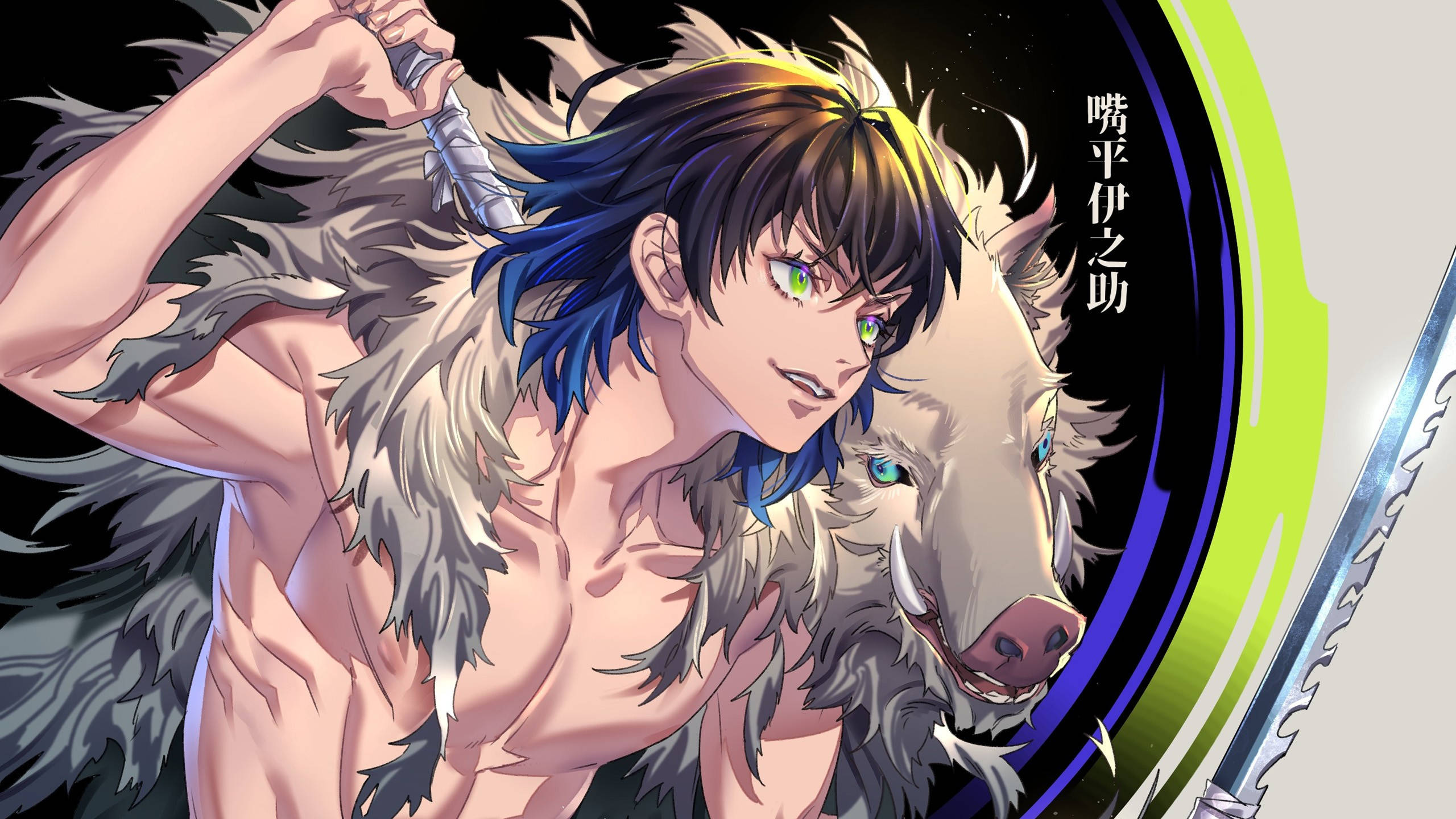 Inosuke, anime warrior, blue hair, 2K Desktop Wallpaper