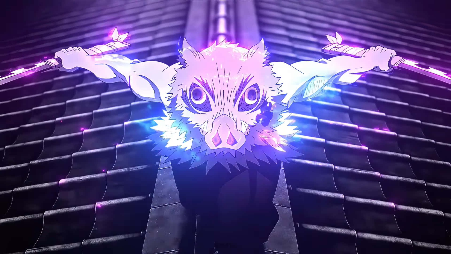 Neon Inosuke PFP, pig-headed warrior, dark tiled roof, Full HD Desktop Wallpaper