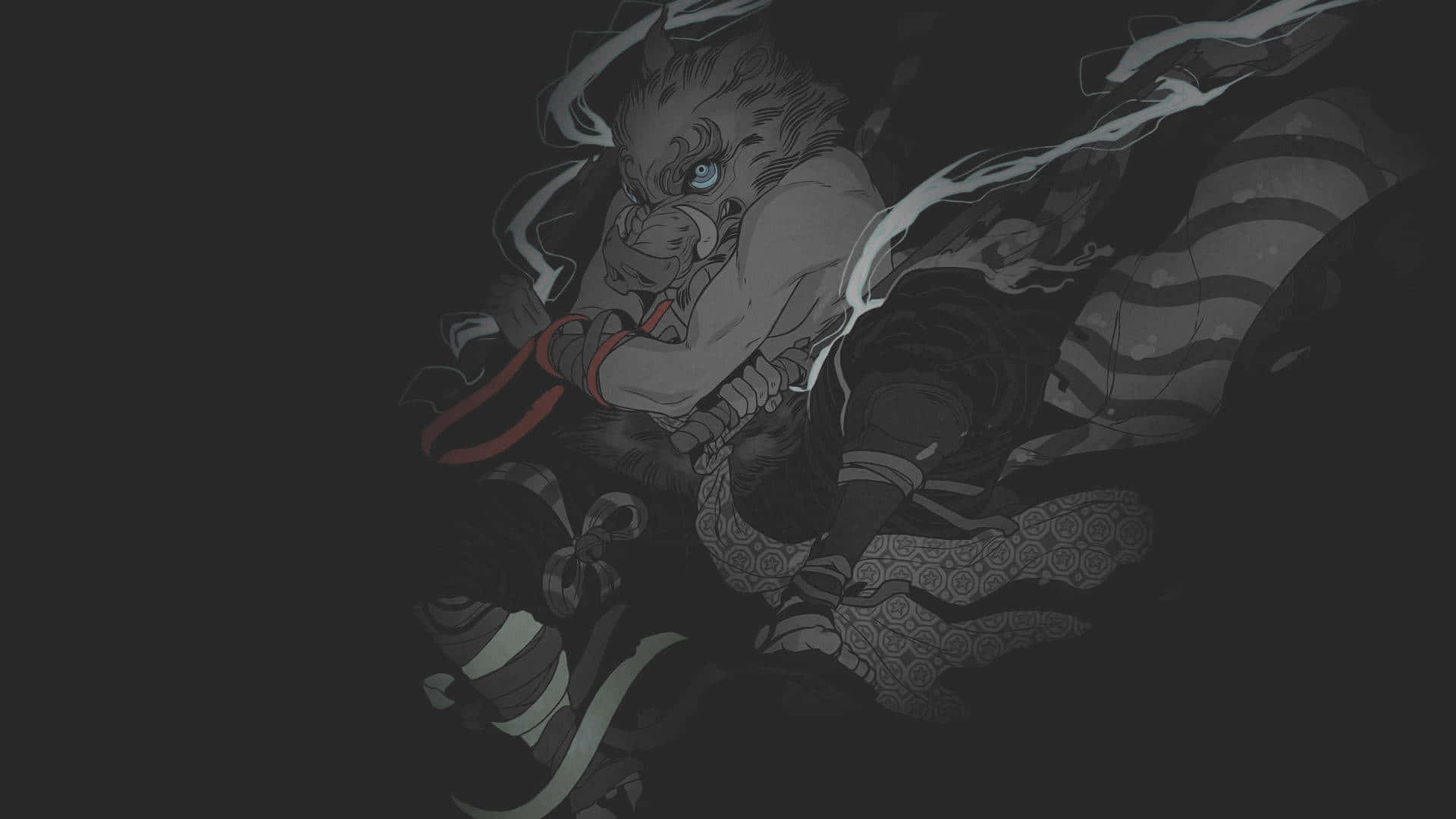 Inosuke, grayscale, glowing blue eyes, Full HD Desktop Wallpaper