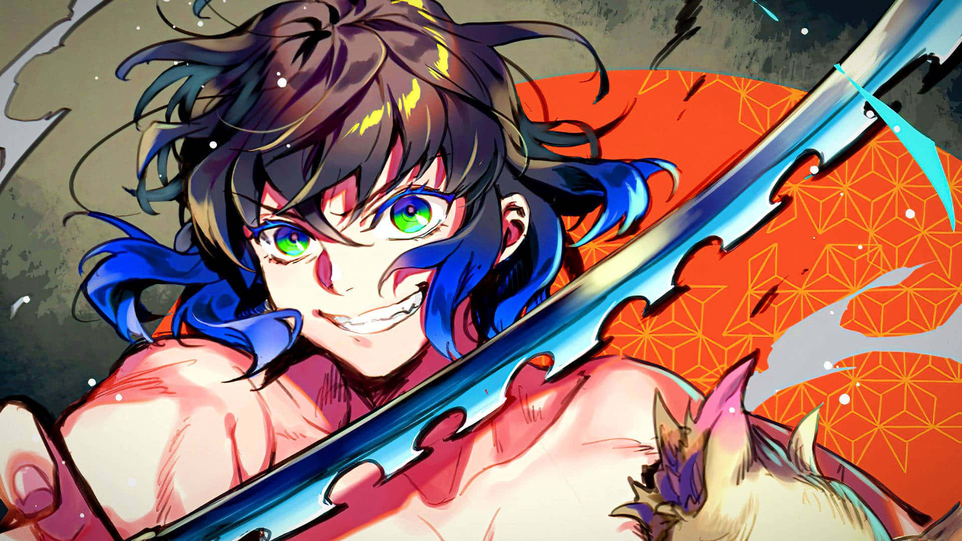 Inosuke, battle smile, green eyes, Full HD Desktop Wallpaper