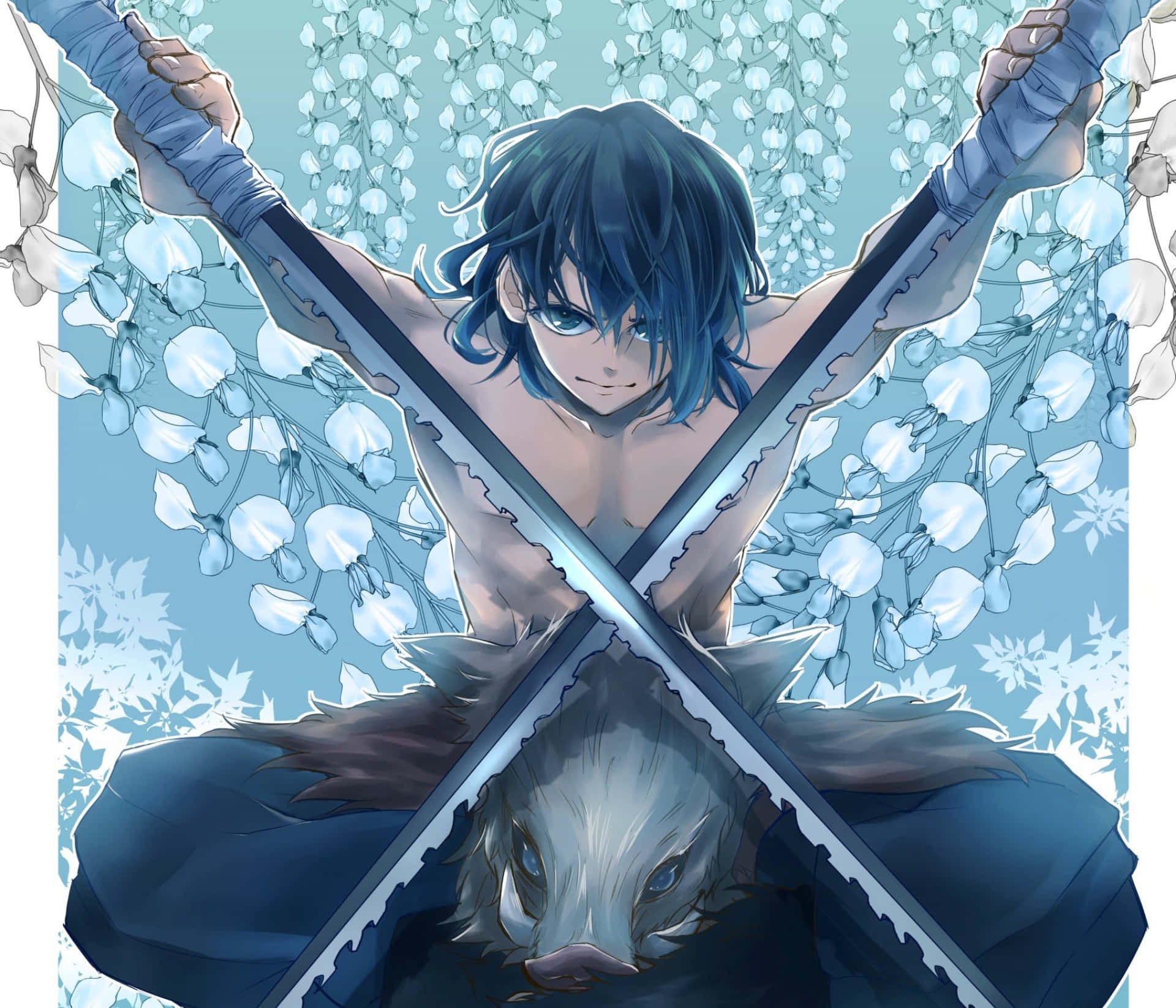Inosuke, blue-haired anime warrior, two swords crossed over chest, Full HD Desktop Wallpaper