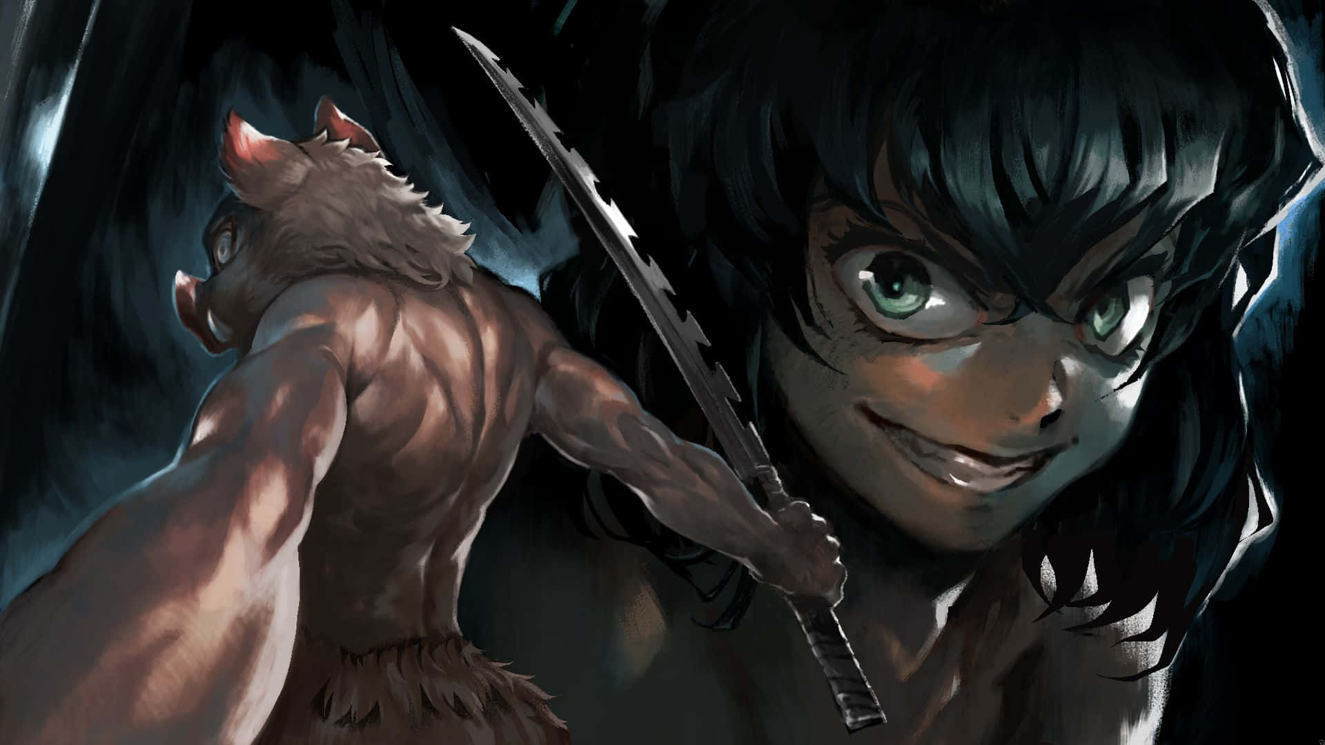 Inosuke, glowing green eyes, jagged sword, Full HD Desktop Wallpaper