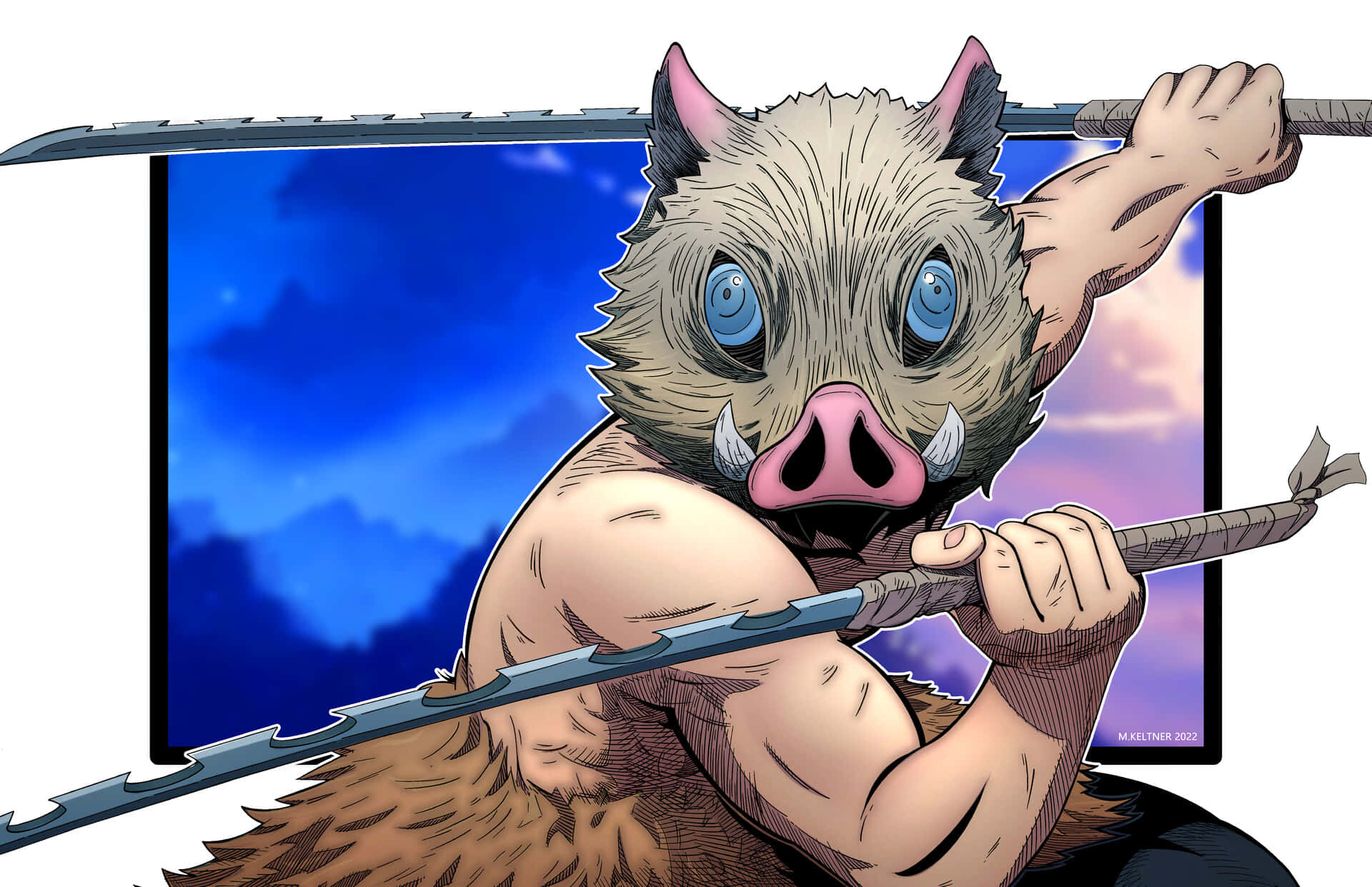 Inosuke, sword pose, boar-headed demon warrior, Full HD Desktop Wallpaper