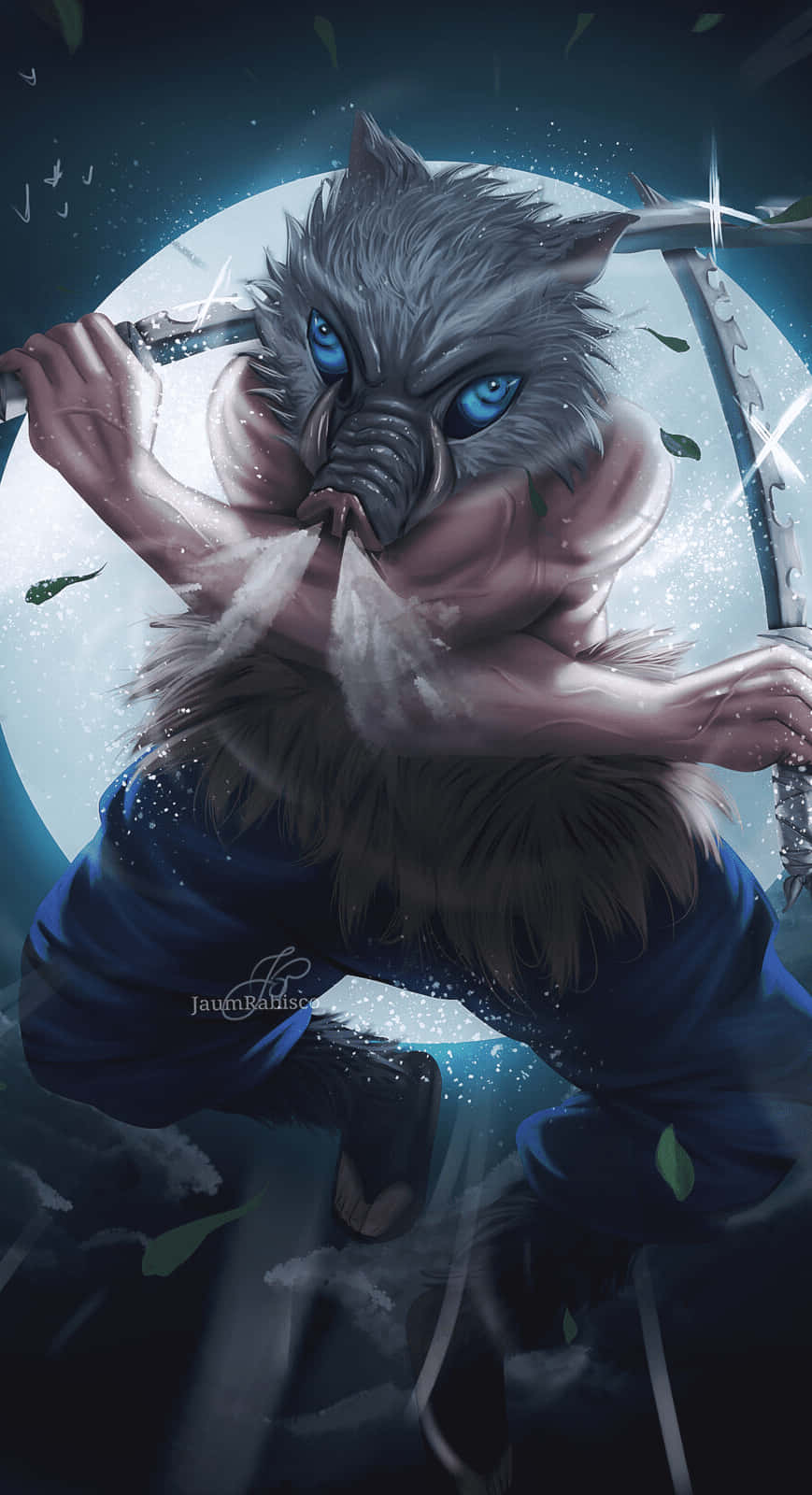 Inosuke Phone, wolf-headed warrior, glowing blue eyes, HD Phone Wallpaper