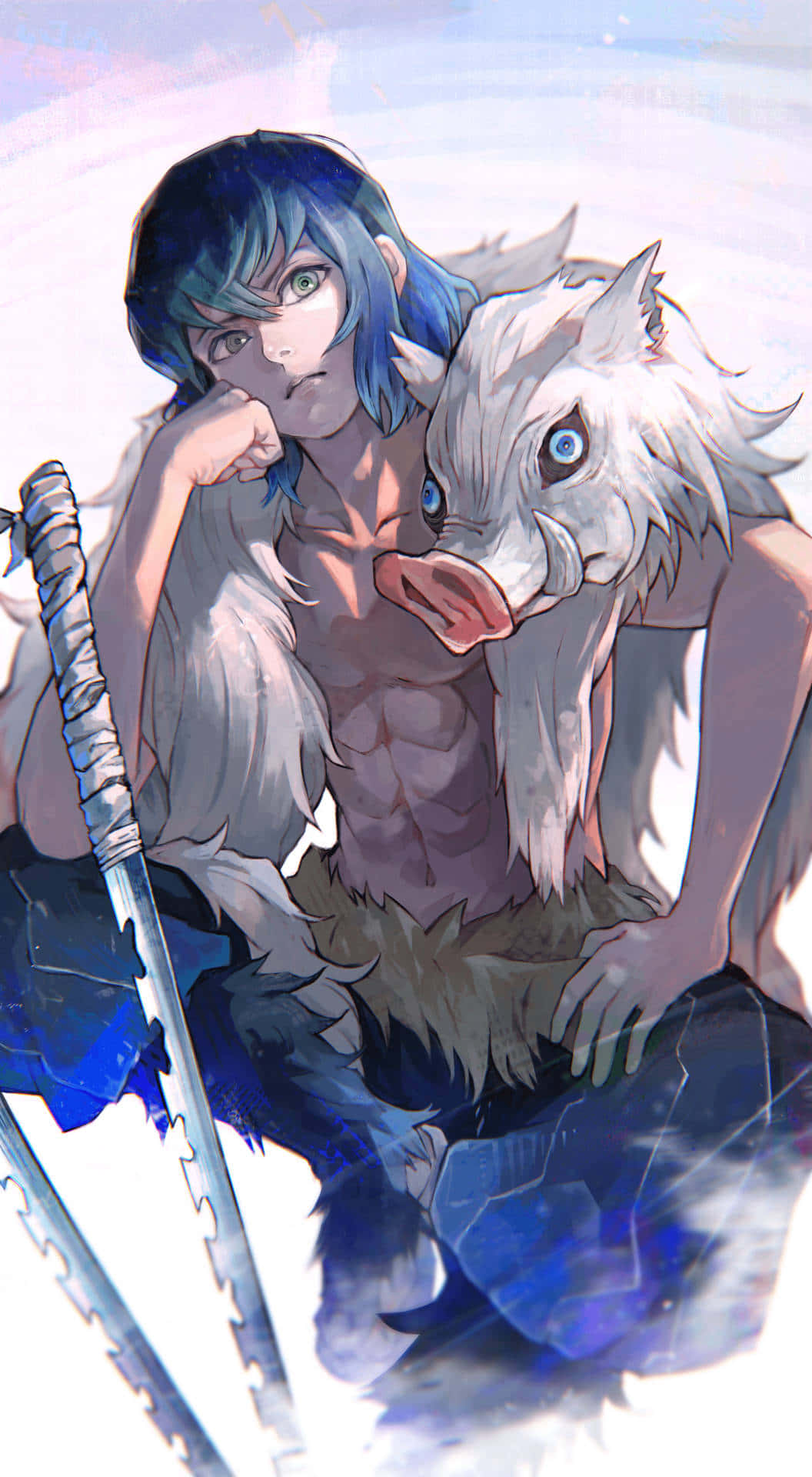 Inosuke Phone, blue-haired anime warrior, sword, Full HD Phone Wallpaper