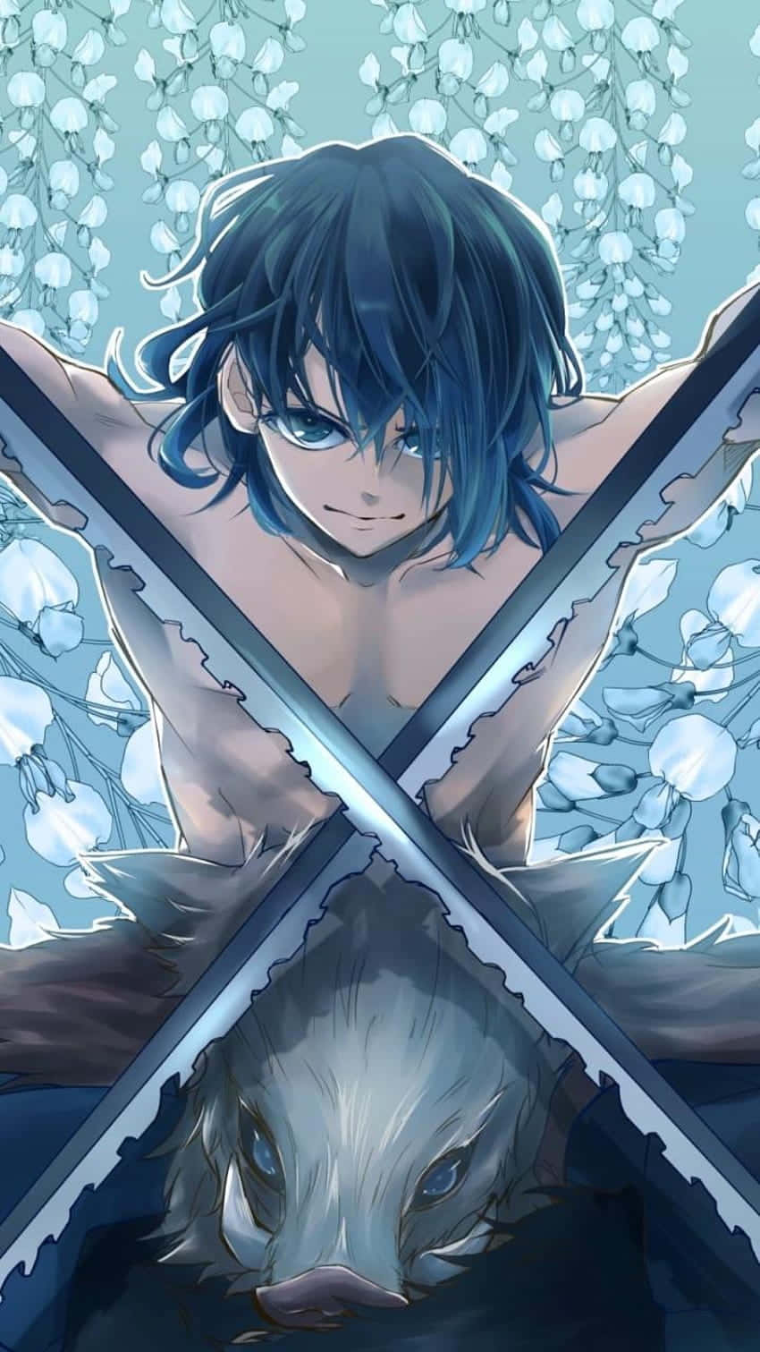 Inosuke Phone, blue-haired anime boy, crossed swords, HD Phone Wallpaper