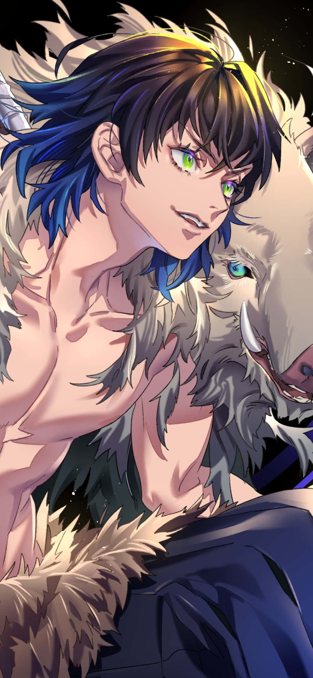 Inosuke, blue hair, green eyes, Full HD Phone Wallpaper
