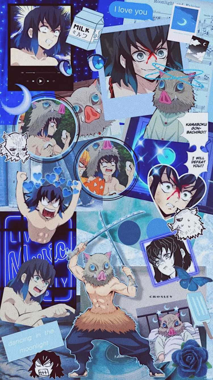 Inosuke Phone, anime collage, blue tones, HD Phone Wallpaper