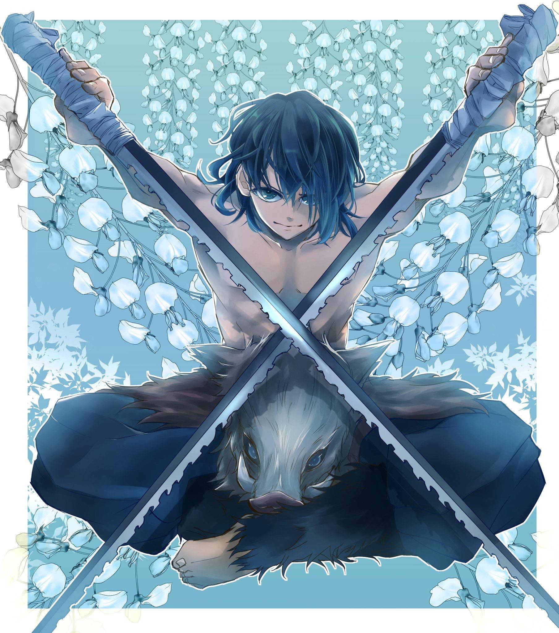 Inosuke, cross sitting position, blue-haired, Full HD Phone Wallpaper