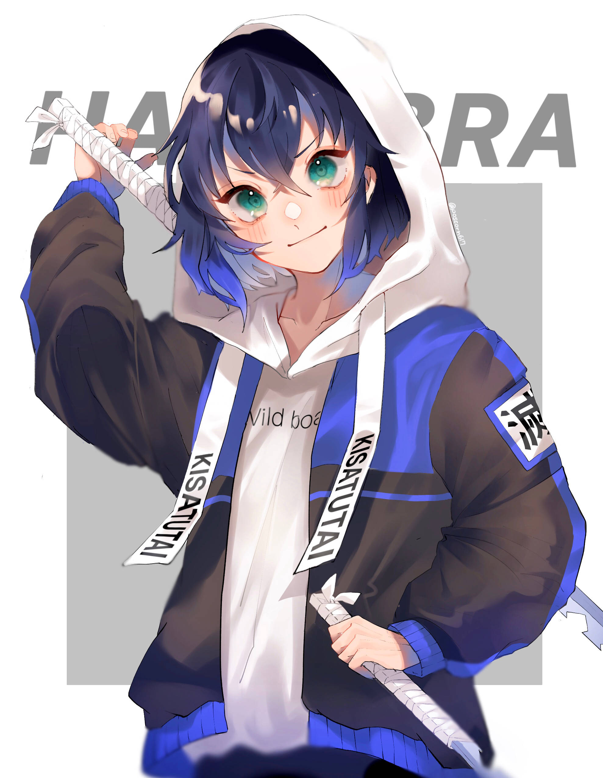 Inosuke, blue hair, green eyes, Full HD Phone Wallpaper