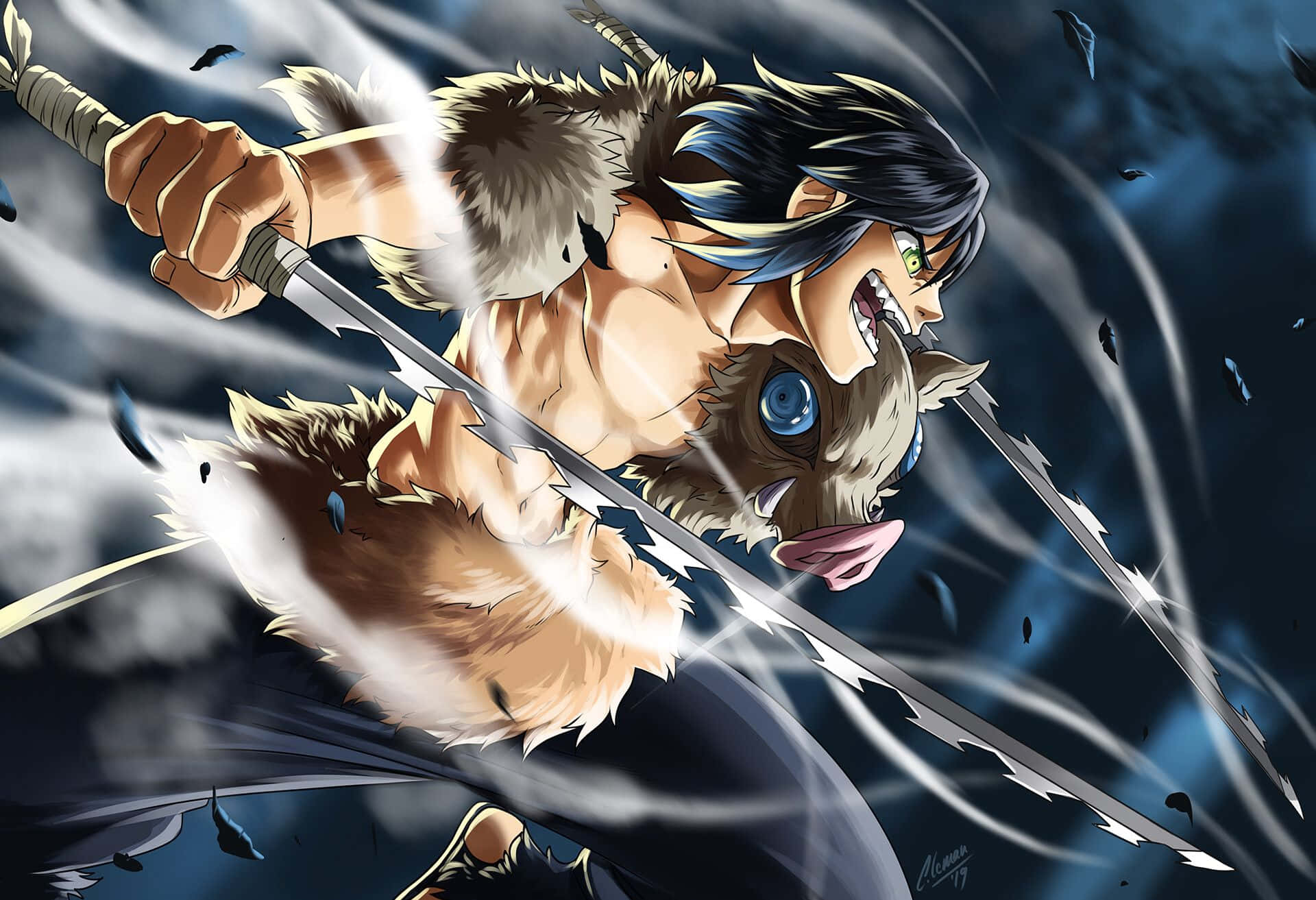 Inosuke, blue hair, wolf mask, Full HD Desktop Wallpaper