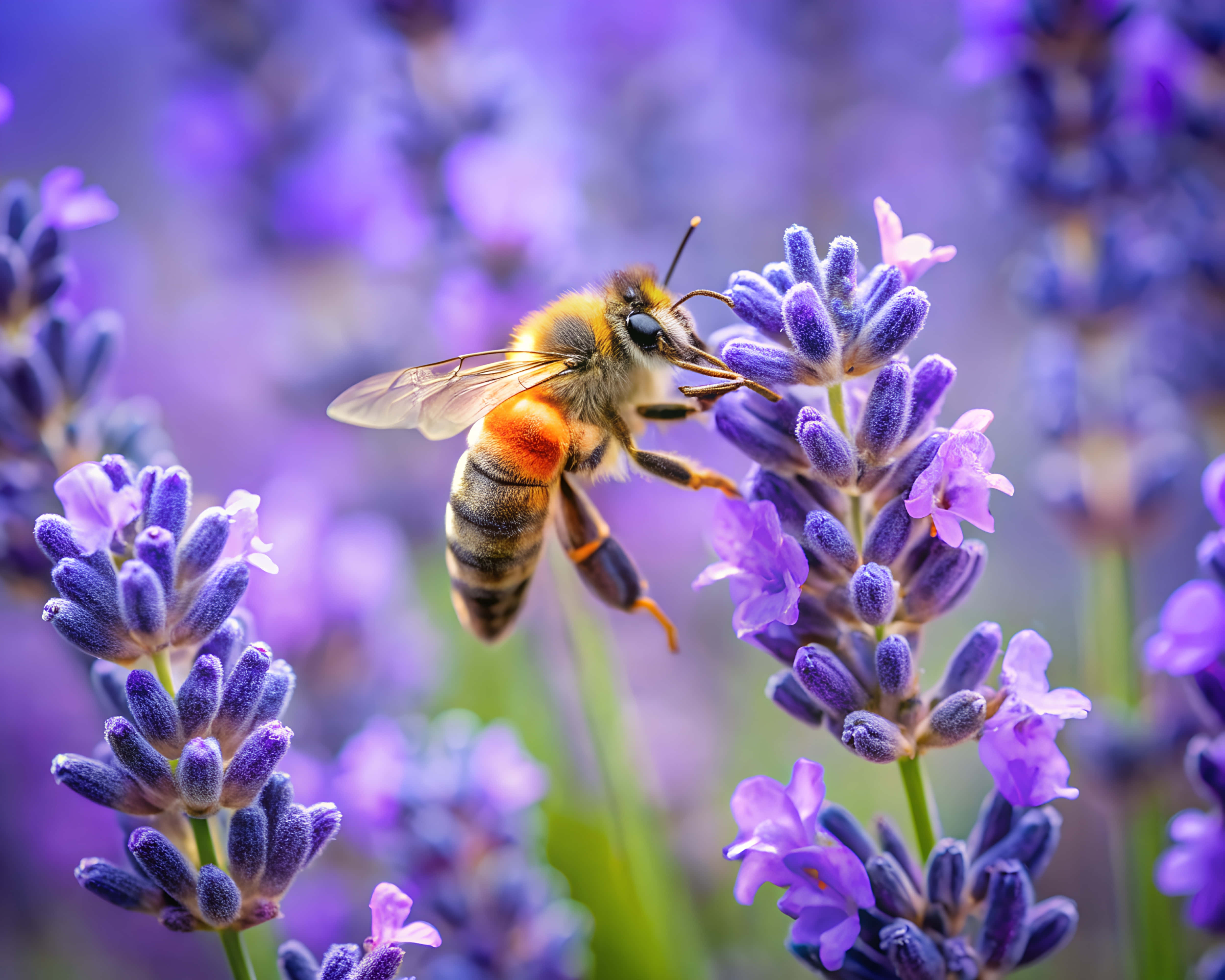 honeybee, orange and black stripes, vibrant purple lavender blooms, 4K Desktop Wallpaper