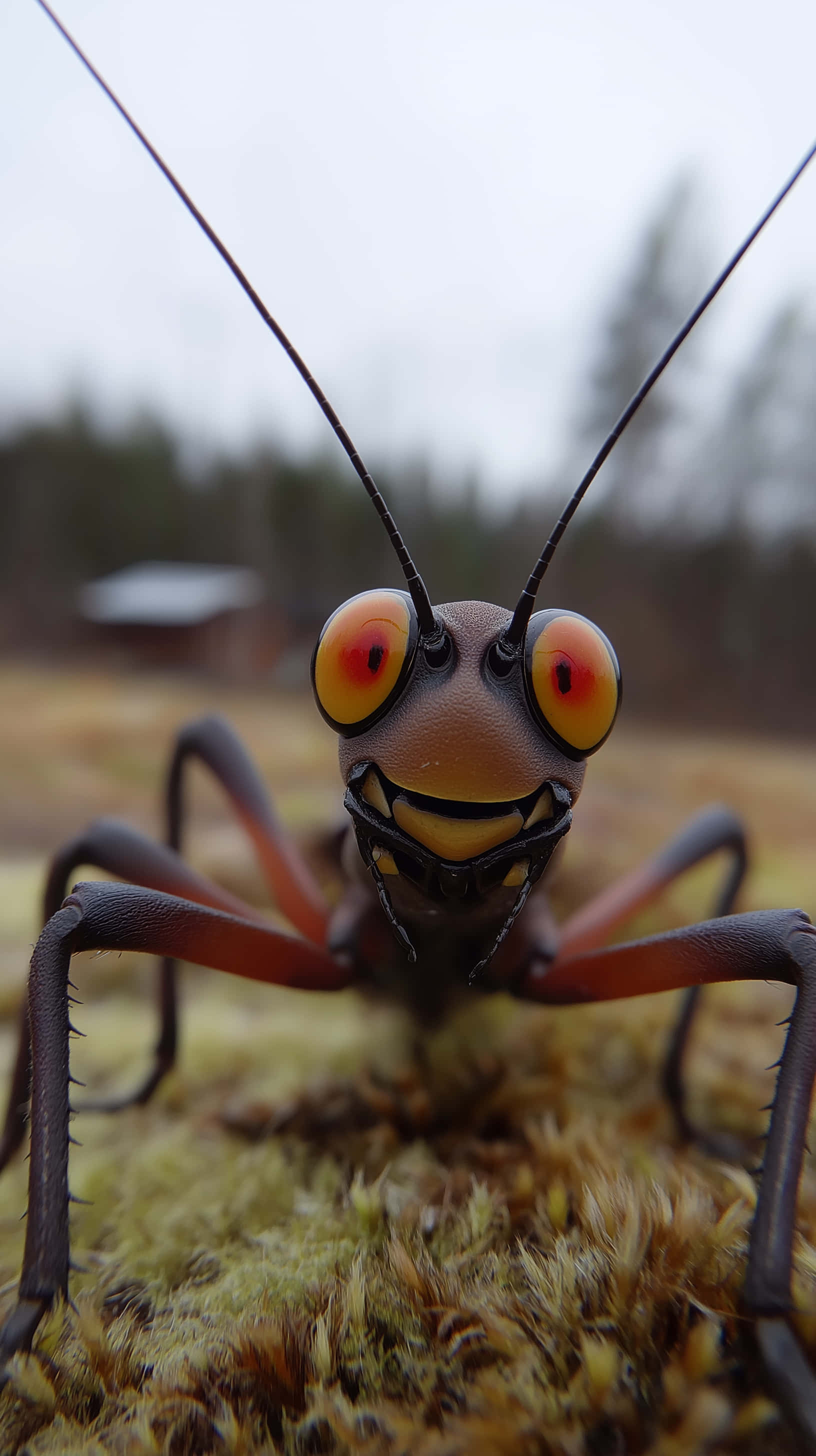 cartoonish grasshopper, large yellow eyes, toothy grin, 2K Phone Wallpaper