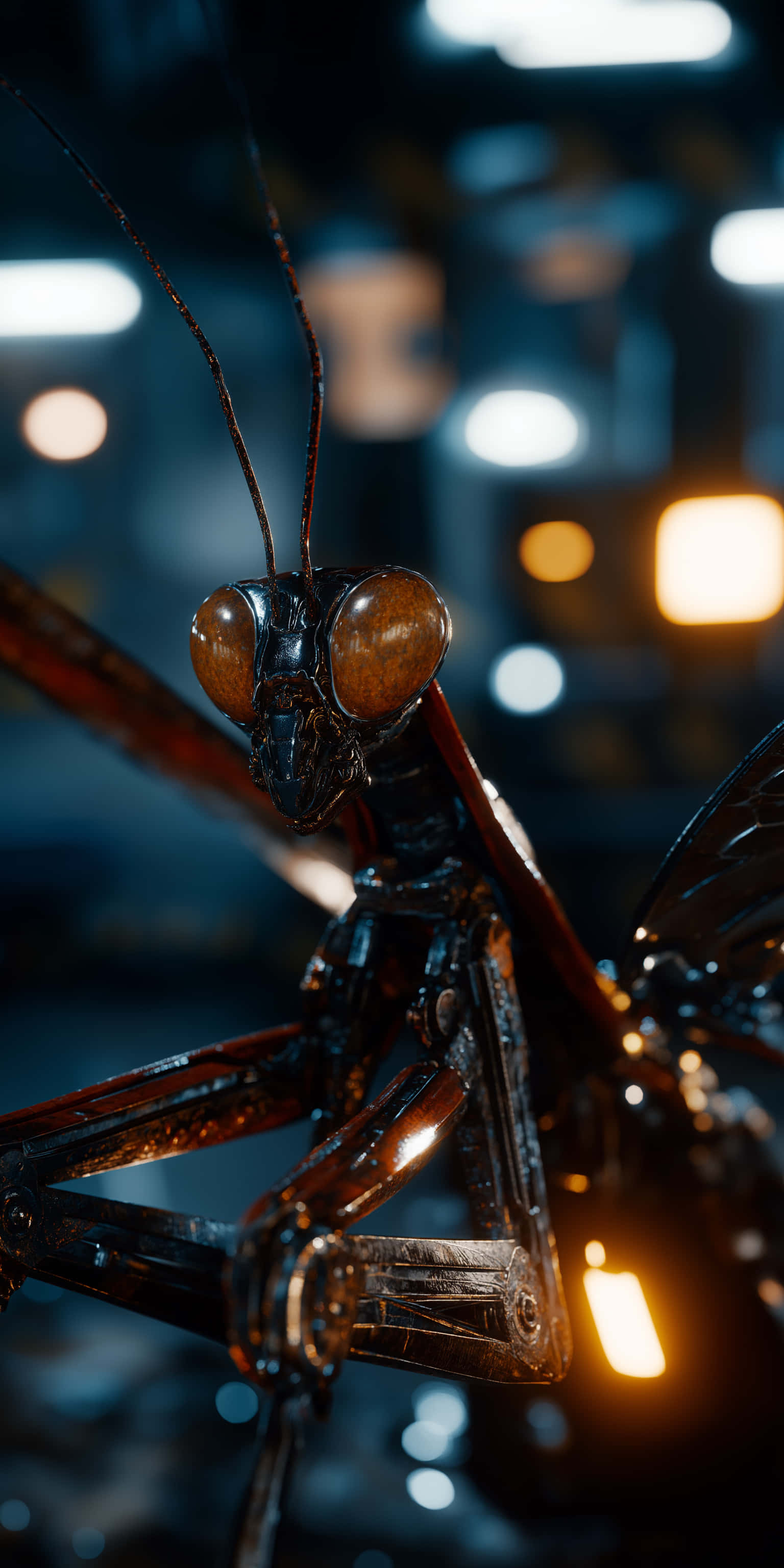 giant biomechanical mantis, amber eyes, reflective surfaces, 2K Phone Wallpaper