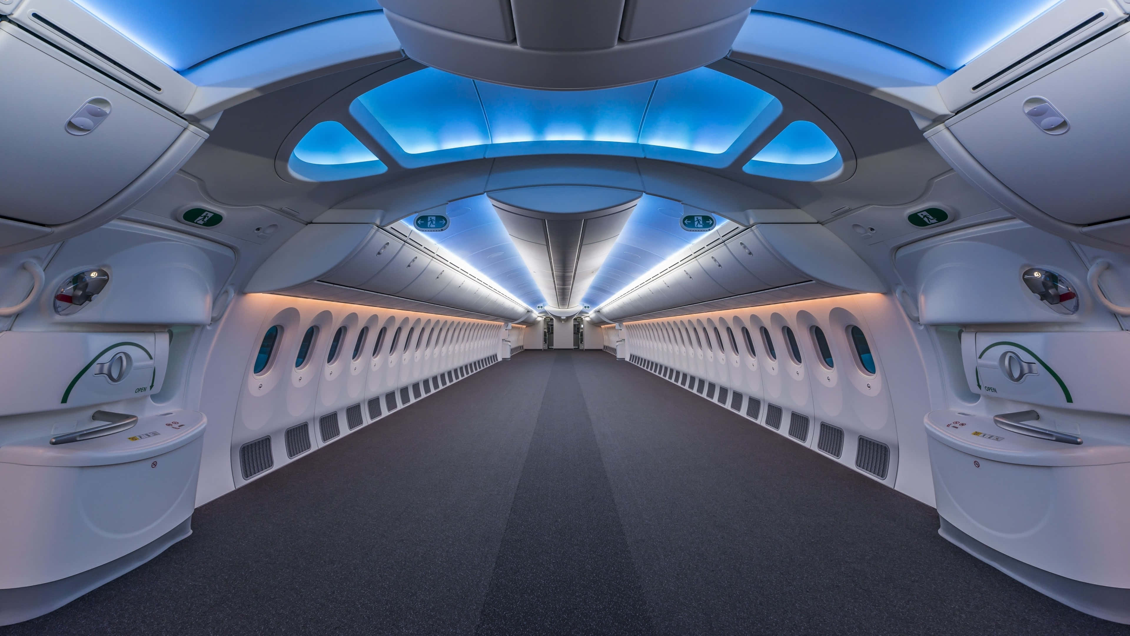 futuristic jumbo jets, airplane cabin, glowing blue ceiling lights, 4K Desktop Wallpaper
