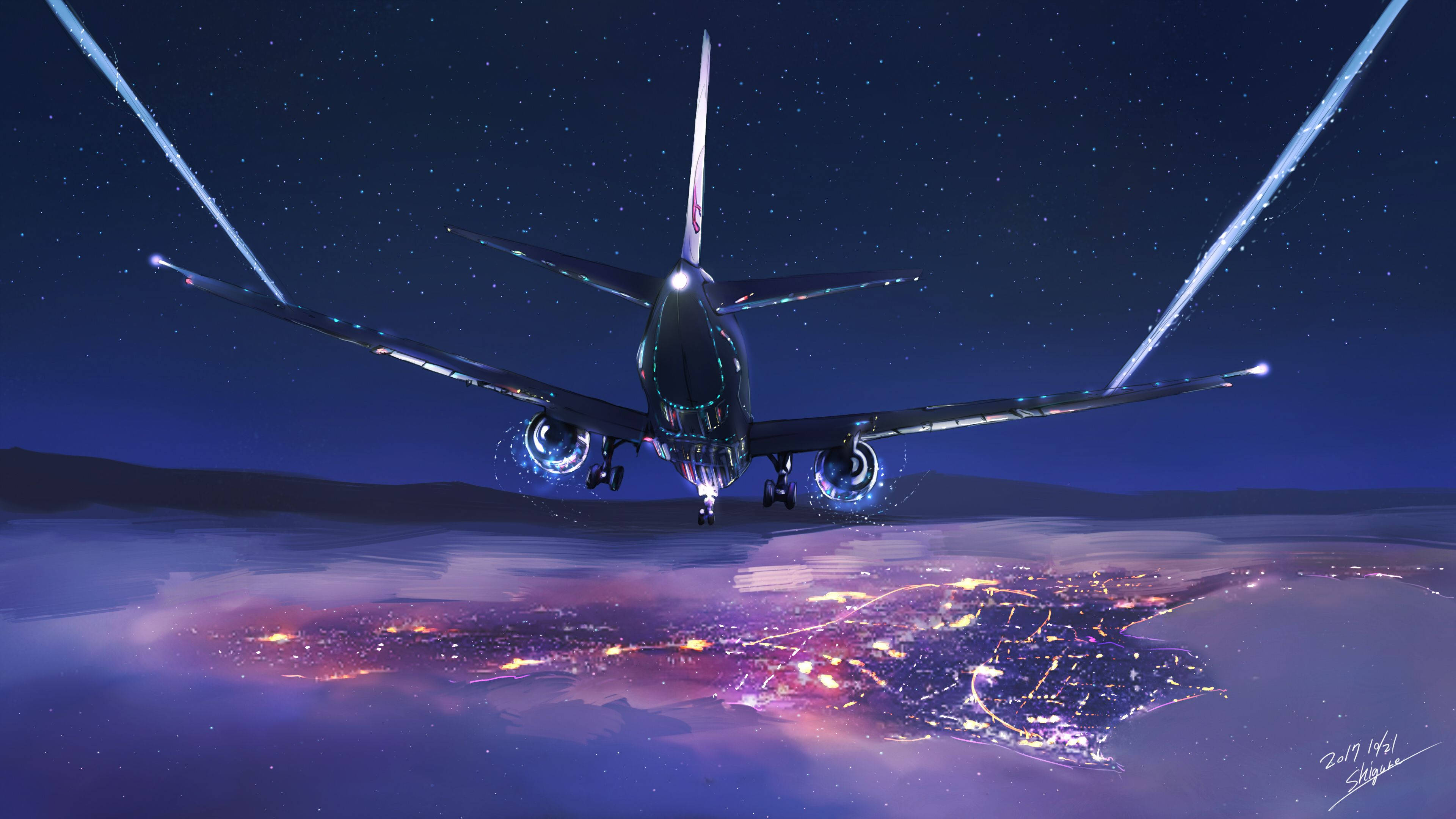 descending black airplane, glowing city, night, 4K Desktop Wallpaper