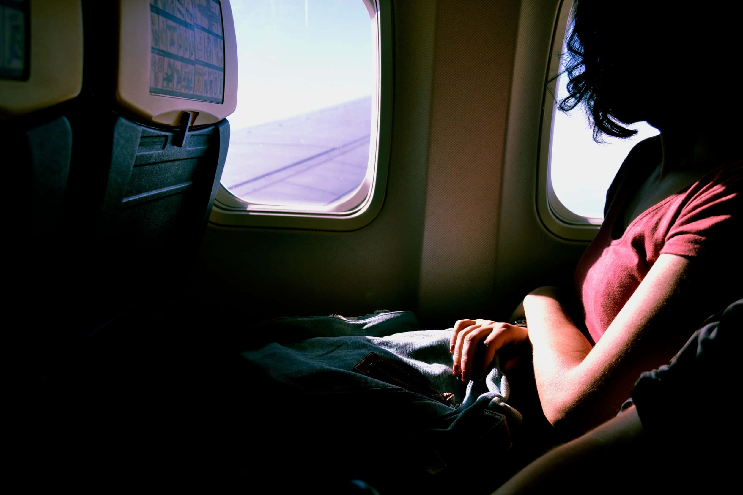 woman, airplane, dim airplane cabin light, Full HD Desktop Wallpaper