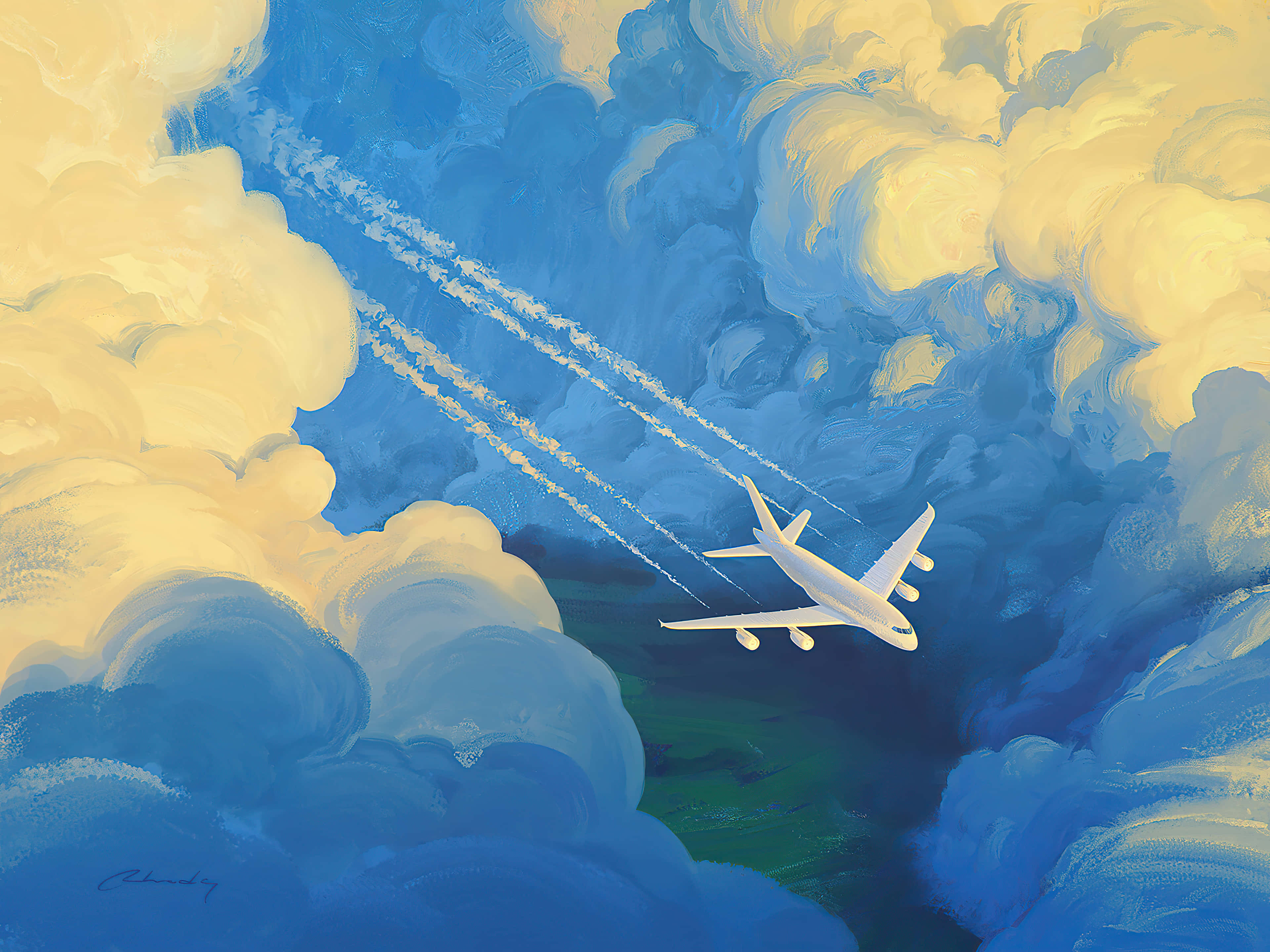 white airplane, vibrant blue and golden clouds, twin contrails, 4K Desktop Wallpaper