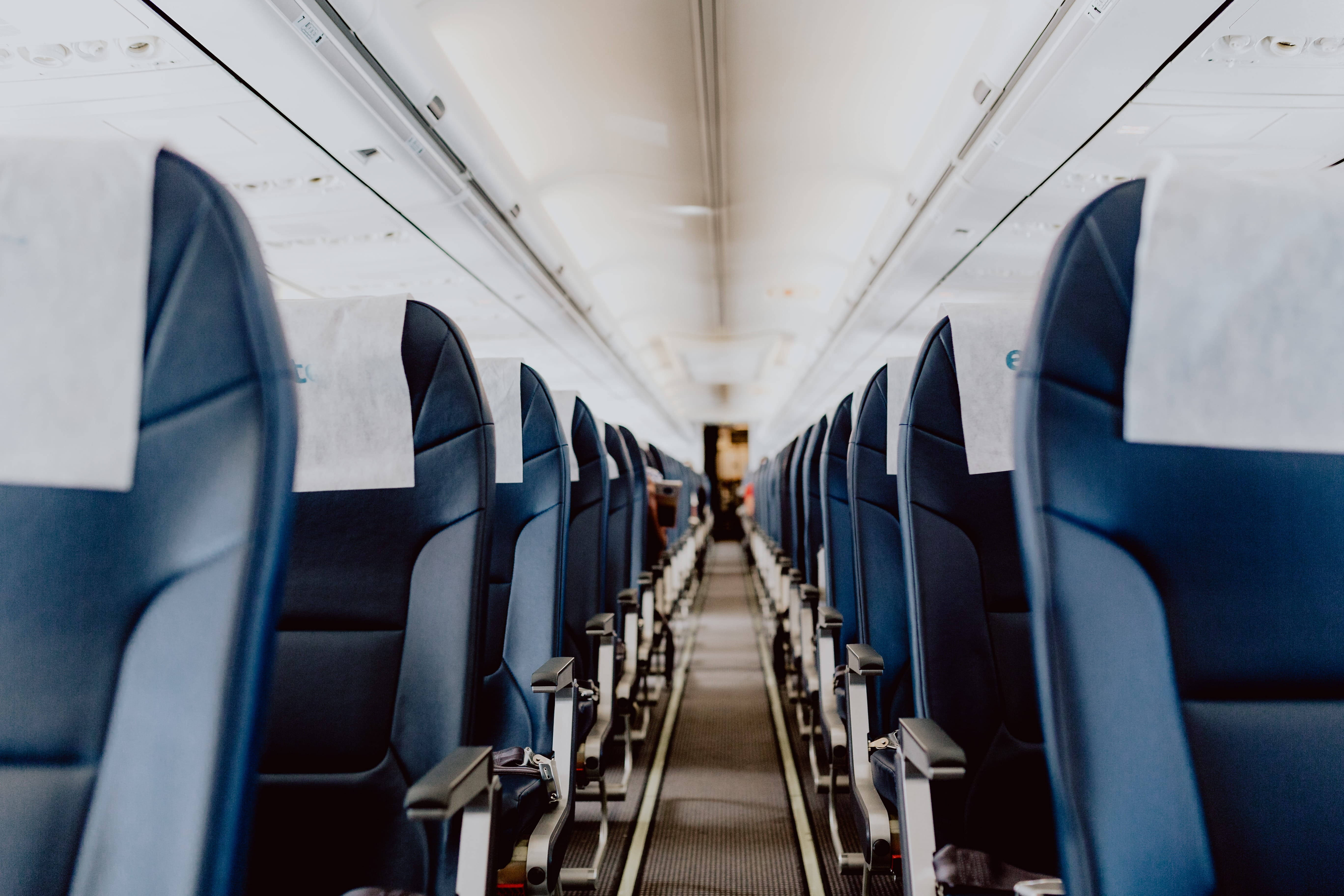 airplane, blue airplane seats, white headrest covers, 5K Desktop Wallpaper