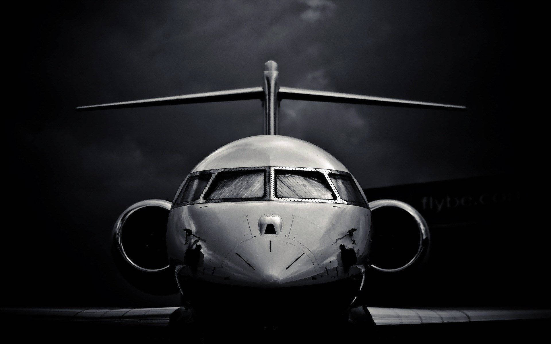 black and white airplane, private jet, dark clouds, Full HD Desktop Wallpaper