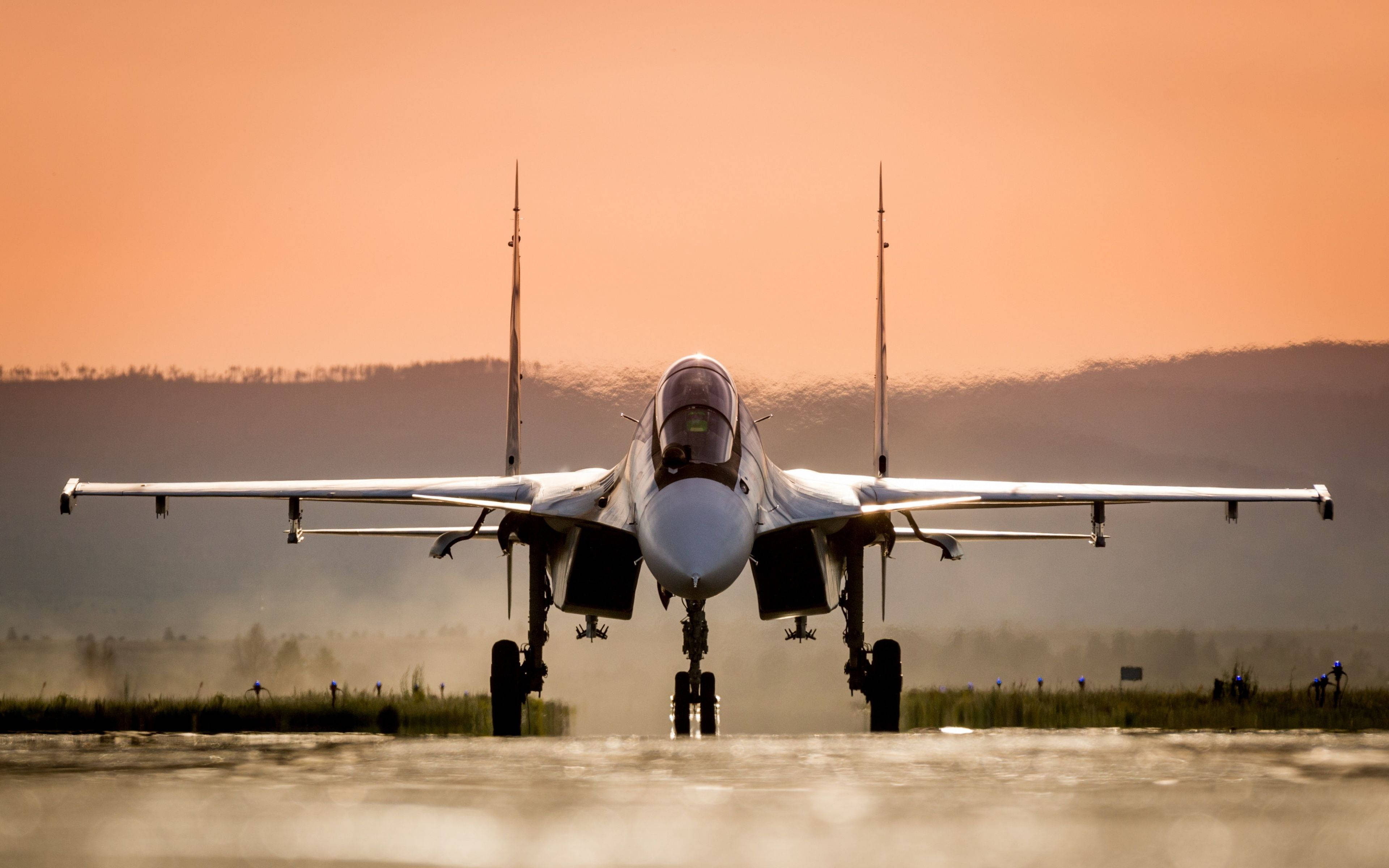 fighter jet, runway, sunset, 4K Desktop Wallpaper