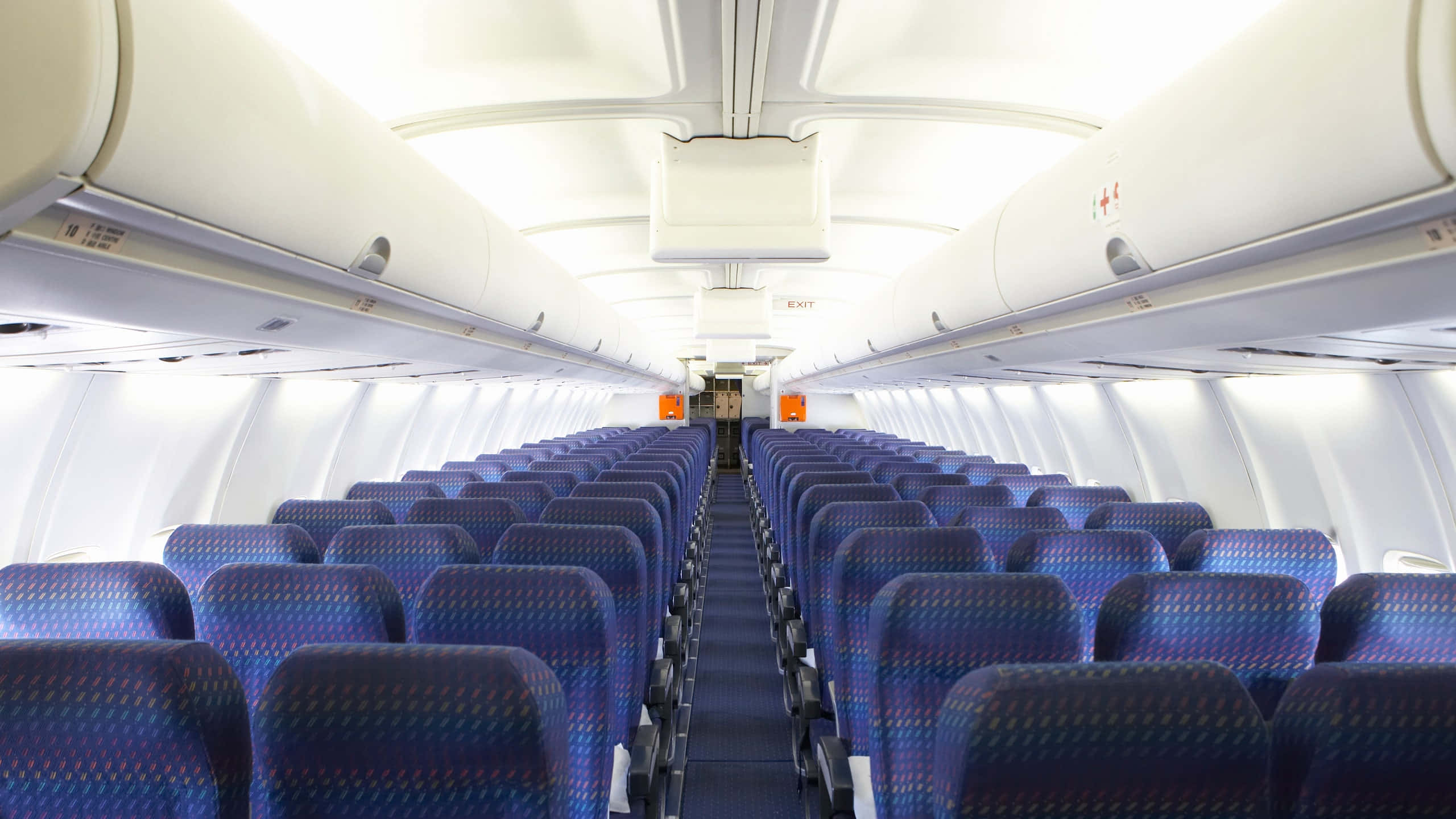 purple seat, blue patterned airplane seats, bright overhead lighting, 2K Desktop Wallpaper
