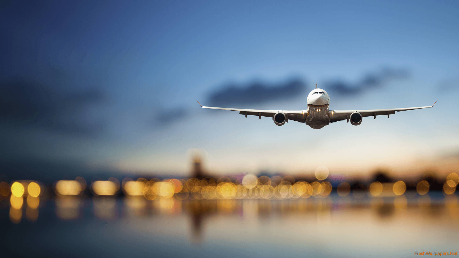 white airplane, twilight sky, blurred city lights, Full HD Desktop Wallpaper