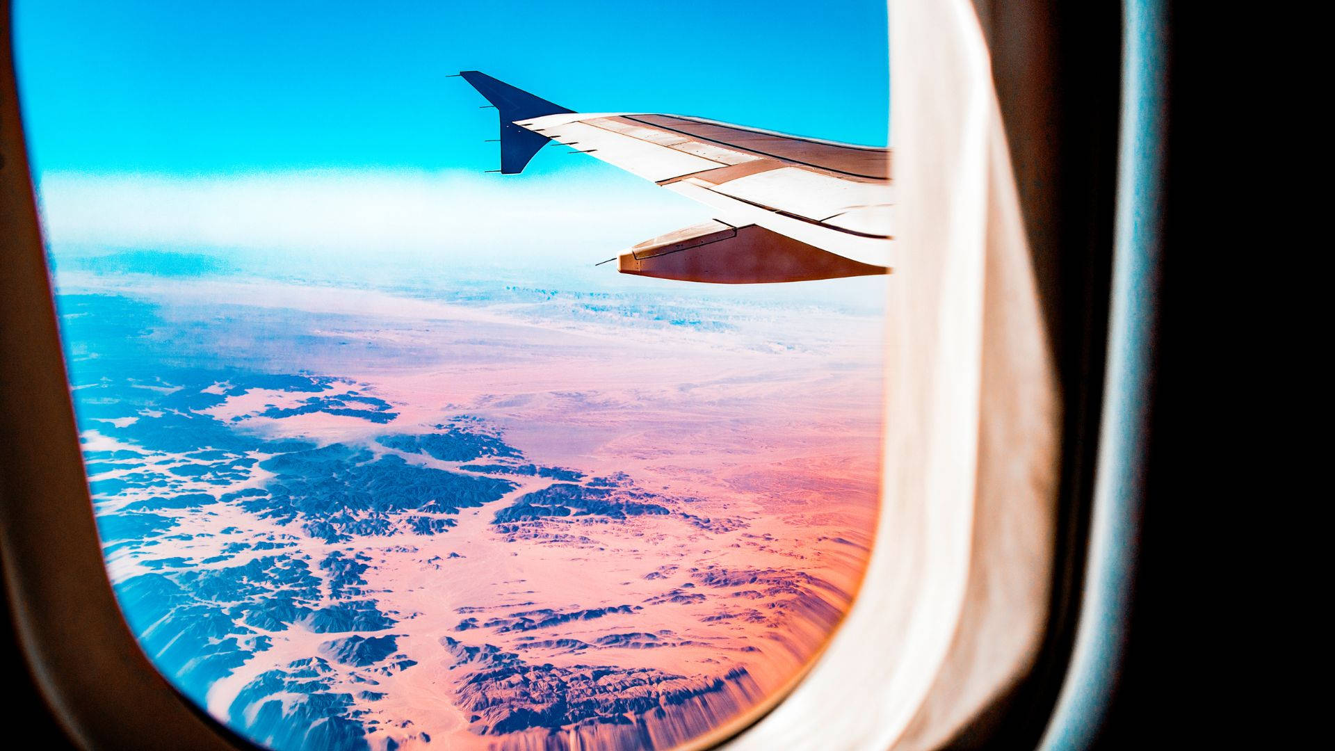 aircraft wing, passenger window, snowy mountains, Full HD Desktop Wallpaper
