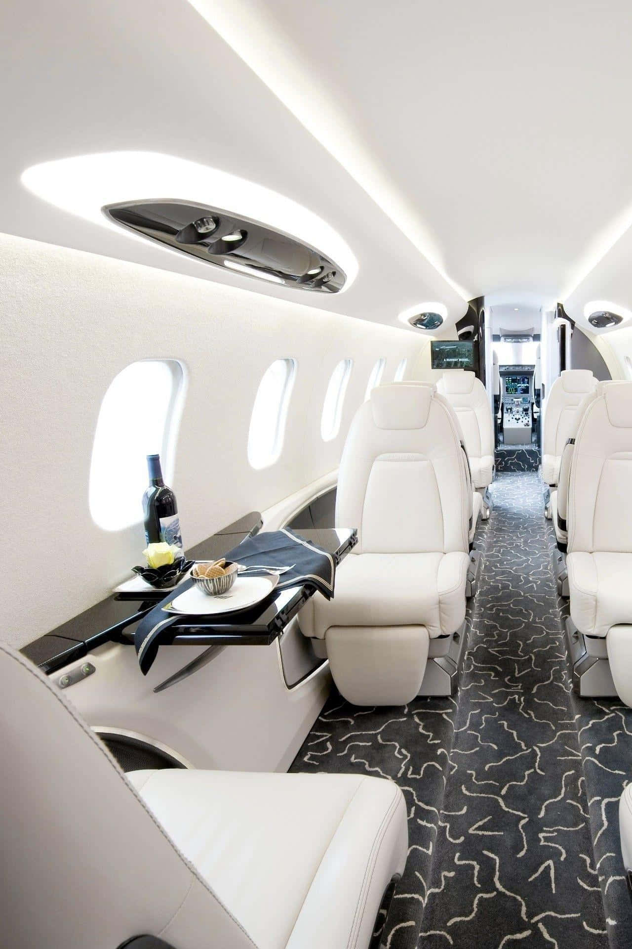 private jet interior, white leather seats, patterned carpet, Full HD Phone Wallpaper