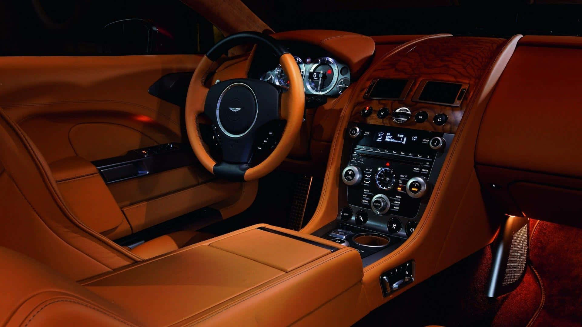 orange leather interior, high-end sports car, wood trim, Full HD Desktop Wallpaper