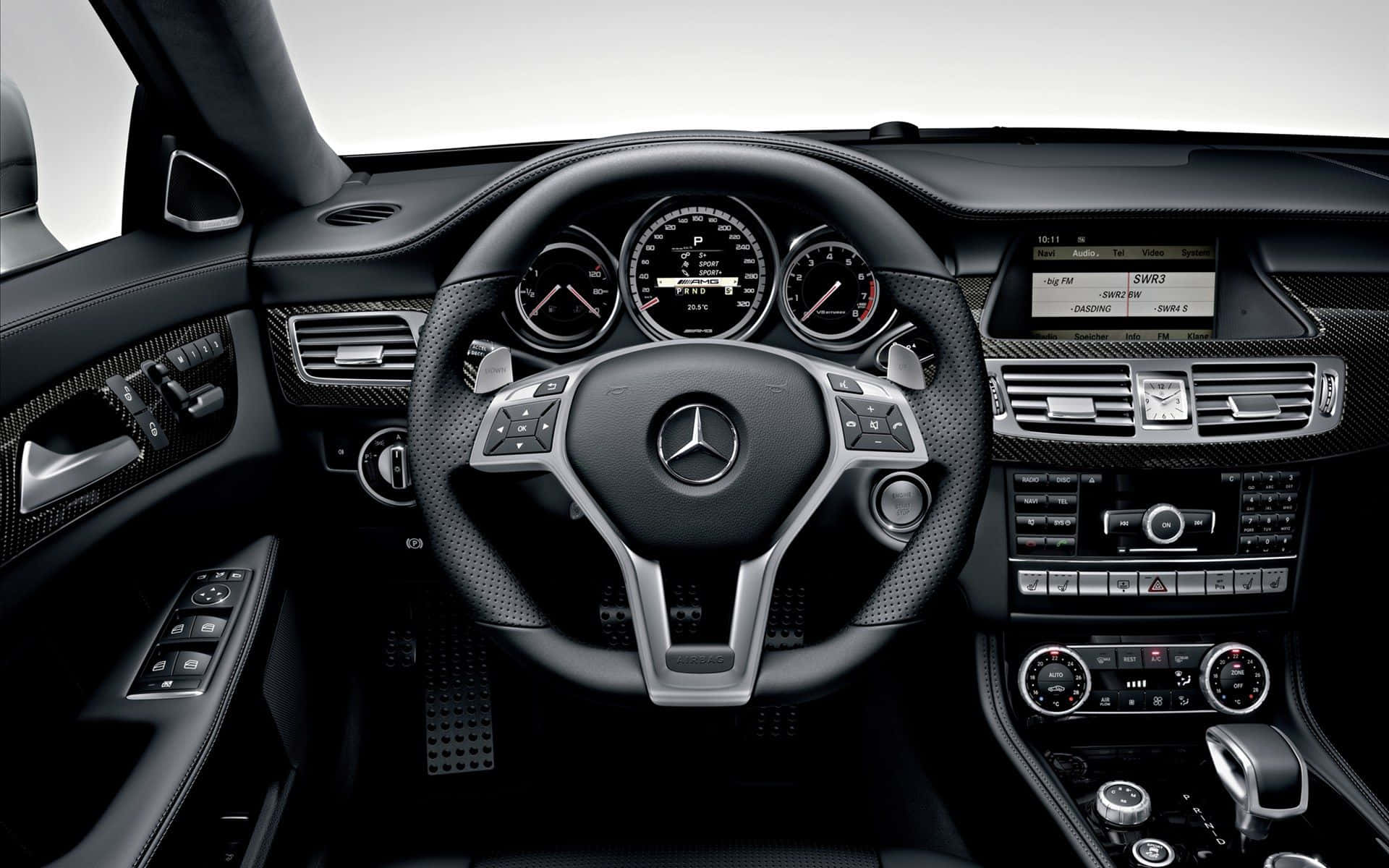 black leather steering wheel, carbon fiber accents, luxury car interior, Full HD Desktop Wallpaper