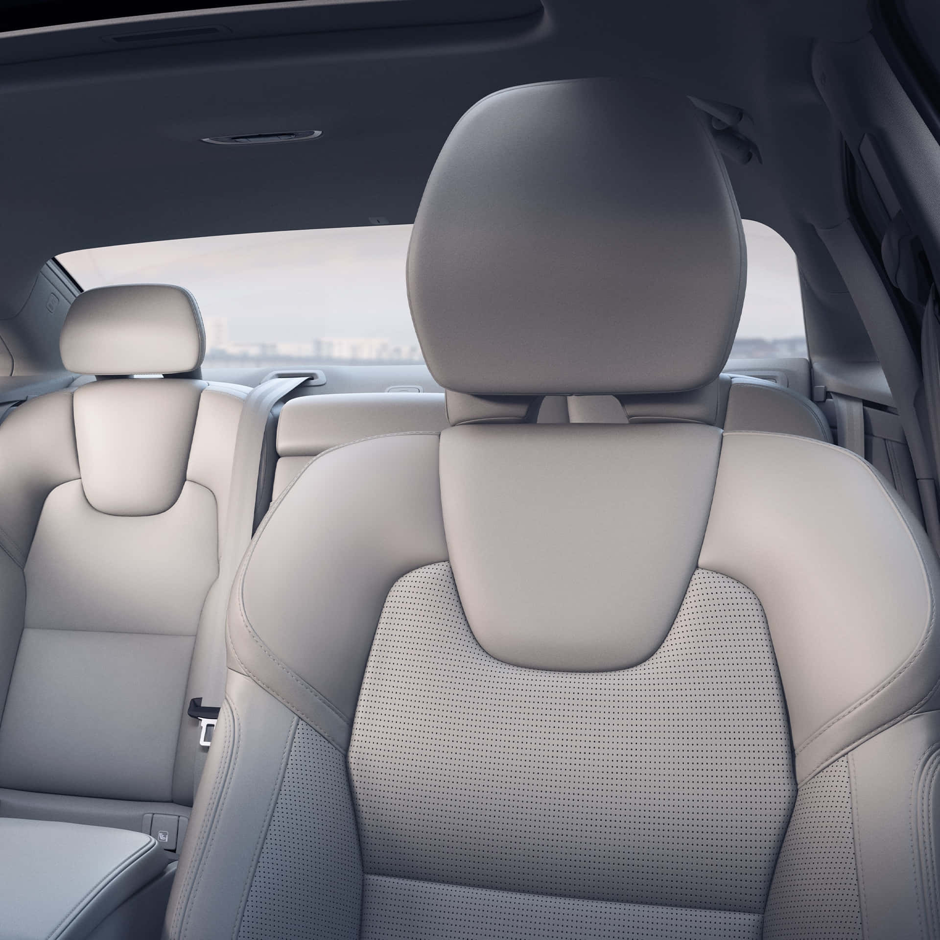 light gray perforated leather seats, panoramic sunroof, hazy cityscape, Full HD Desktop Wallpaper