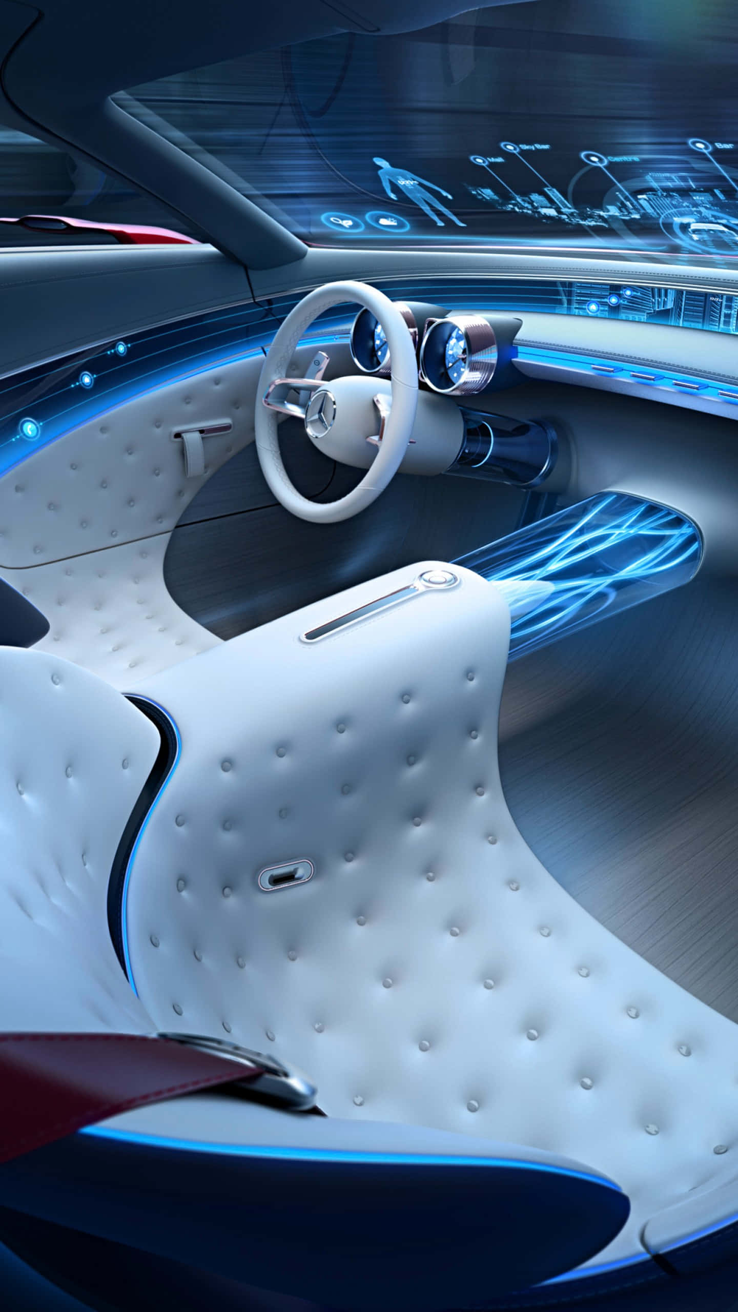 Futuristic car, glowing blue accents, curved digital dashboard, 2K Phone Wallpaper