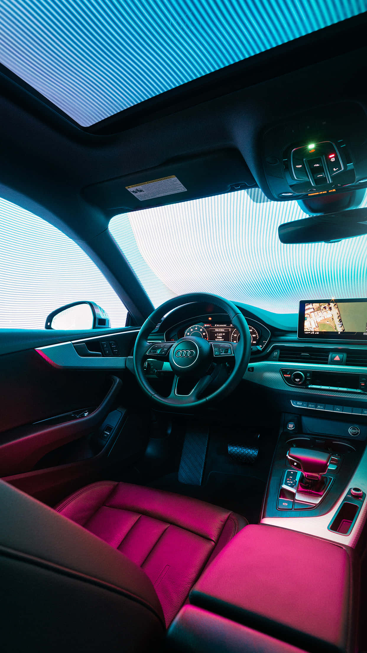 Luxury car interior, vibrant pink and blue ambient lighting, futuristic ceiling display, Full HD Phone Wallpaper