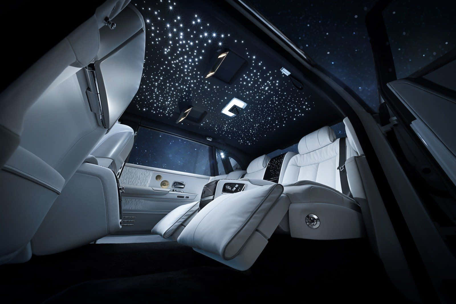 Inside Car, white leather seats, starry night sky ceiling projection, HD Desktop Wallpaper