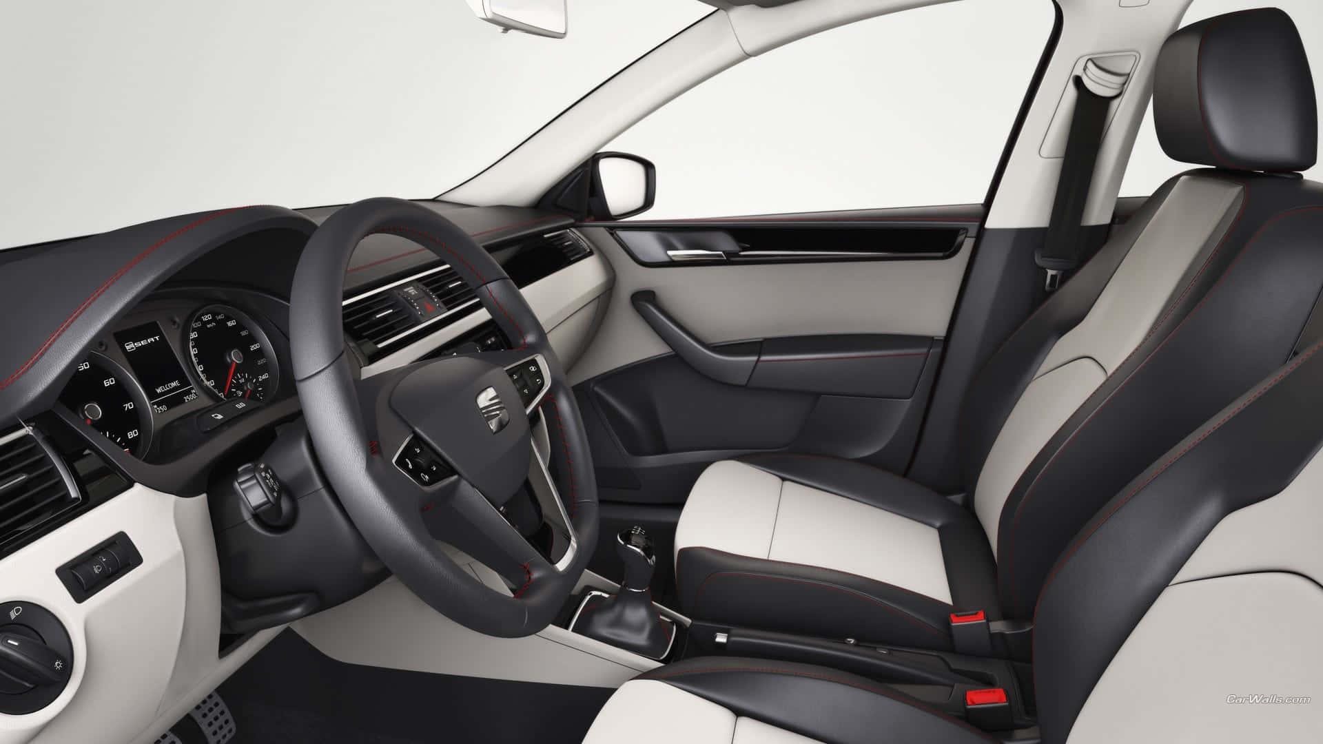 Modern car interior, black and white leather seats, red stitching, Full HD Desktop Wallpaper