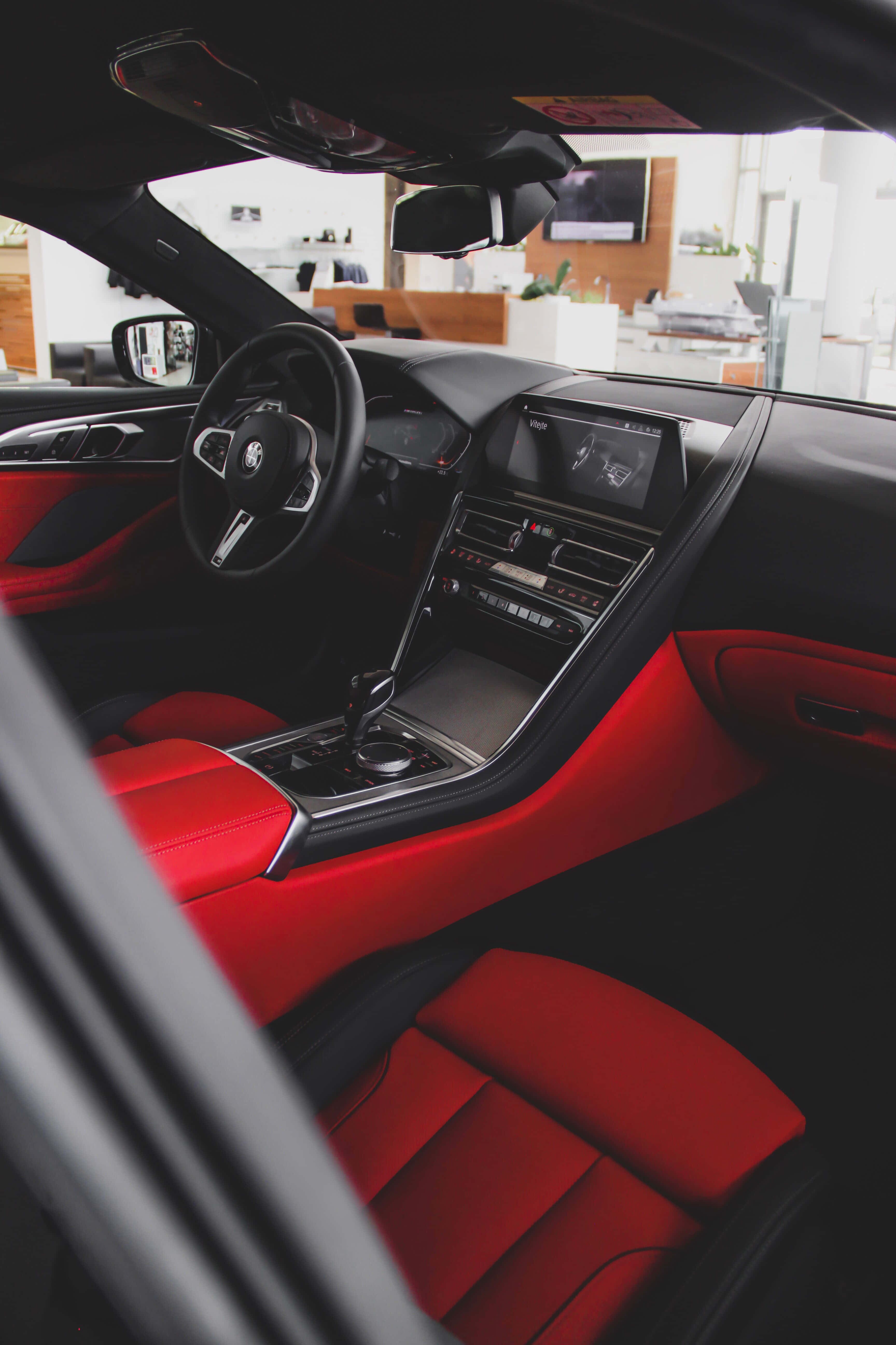 Red Seats, black dashboard, luxury car interior, 5K Phone Wallpaper