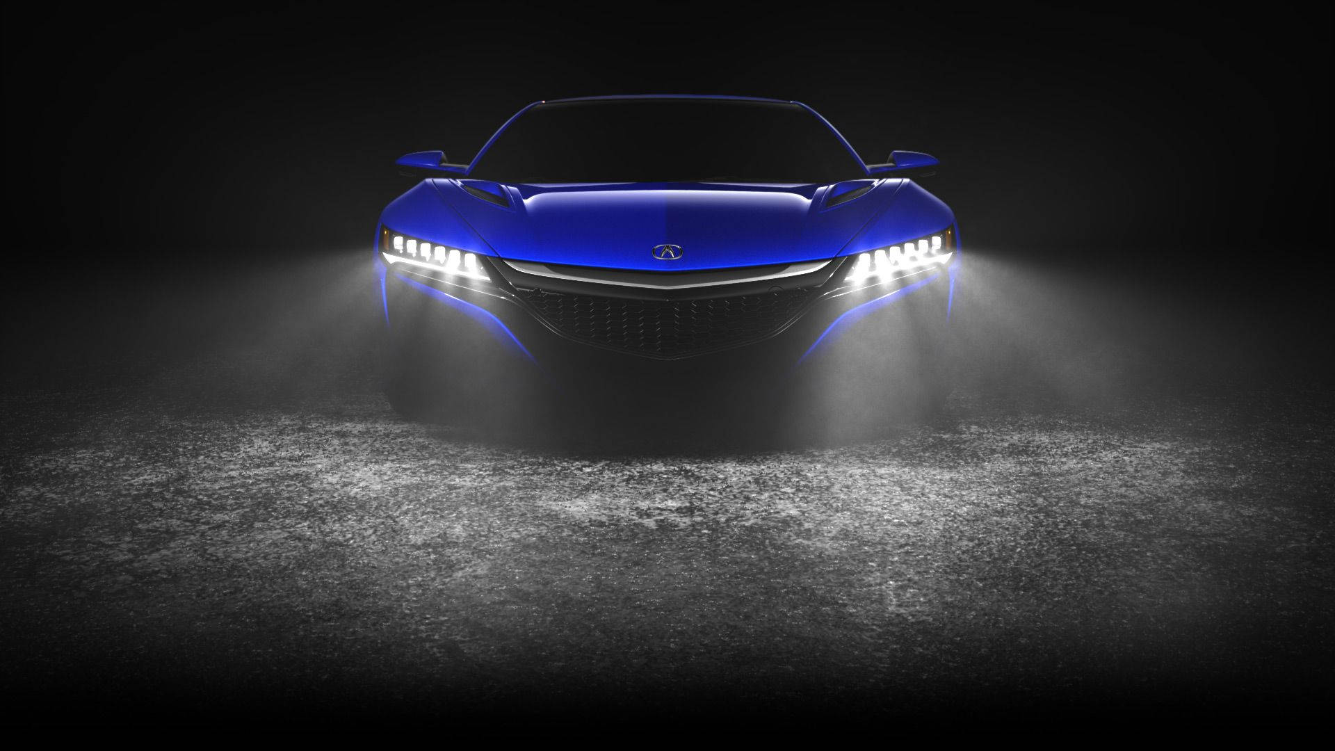 blue acura car, glowing headlights, dark mist, Full HD Desktop Wallpaper