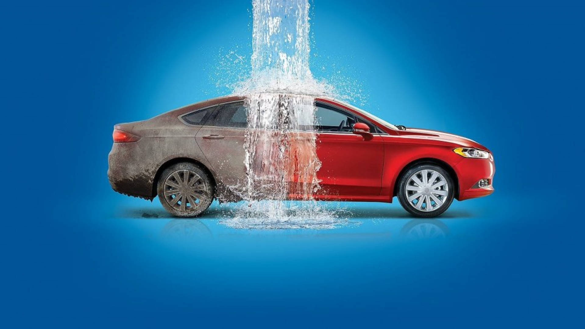 red sedan, car wash, powerful water jet, Full HD Desktop Wallpaper